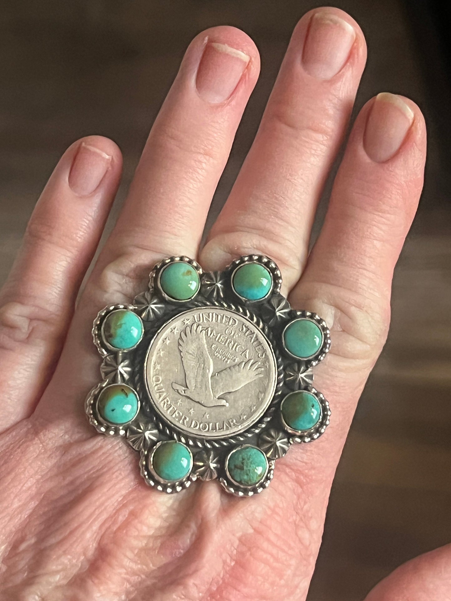 Apache Sterling Silver, Barber Quarter and Hubei Turquoise Cluster Ring by Rosella Paxson, Size 8