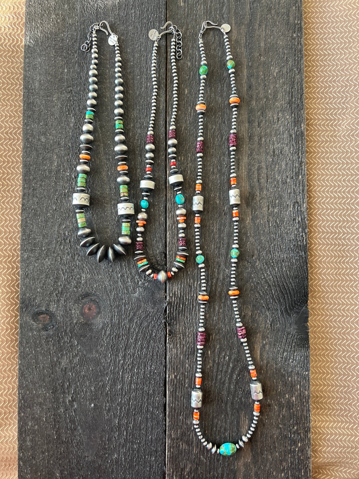 Navajo Electric Rainbow Sterling Silver, Turquoise and Spiny Oyster Single Strand Beaded Necklace by Rose Martin, 34 + 2 Inches