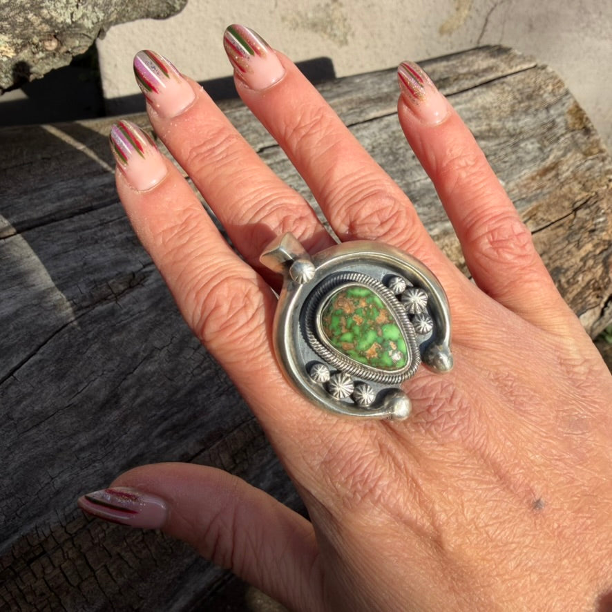 Navajo Sterling Silver Adjustable Royston Turquoise Naja Ring by Leon Martinez