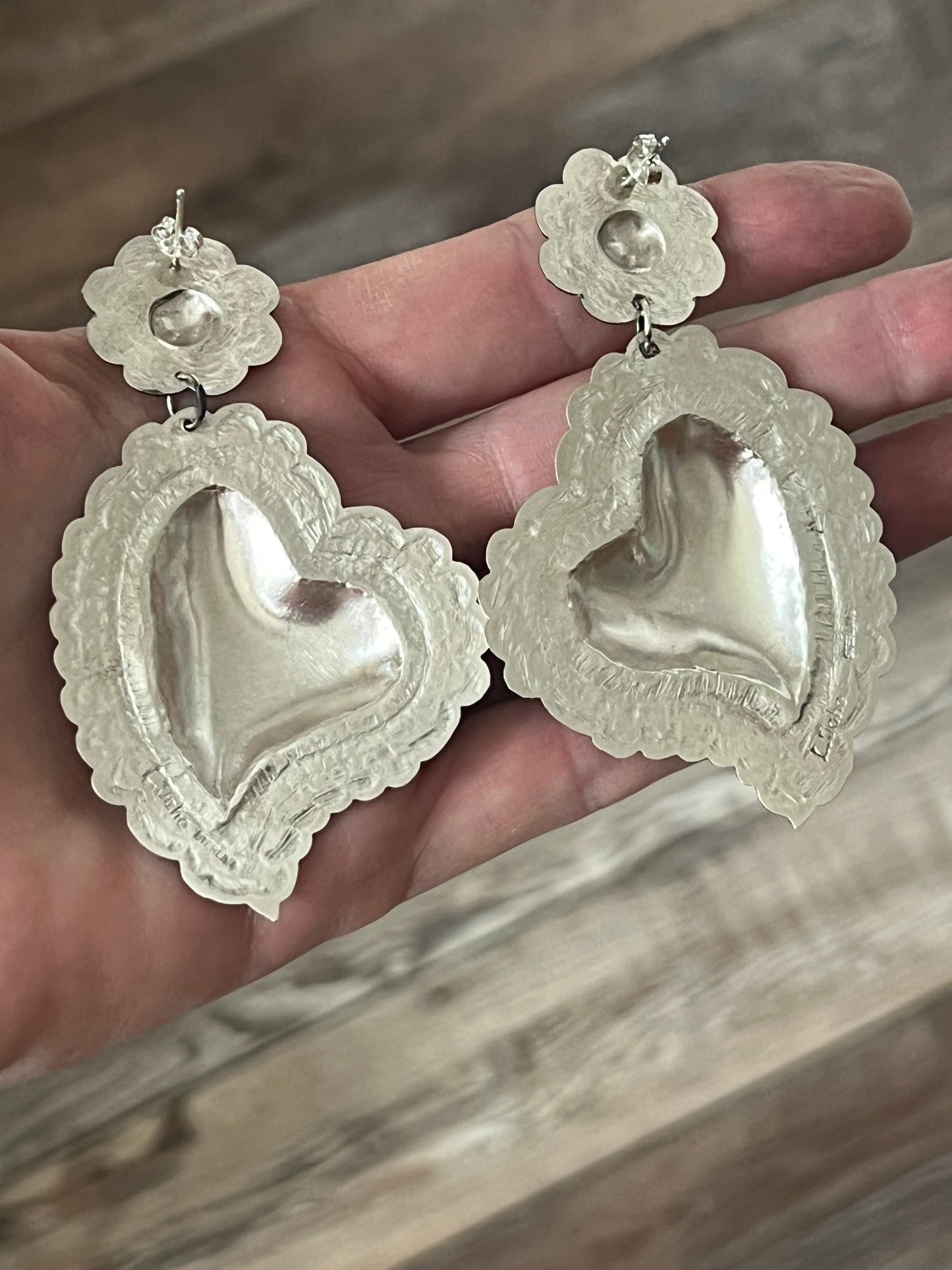 Handmade Navajo Sterling Silver Stamped Repousse Heart Earrings by Leander Tahe, AH2