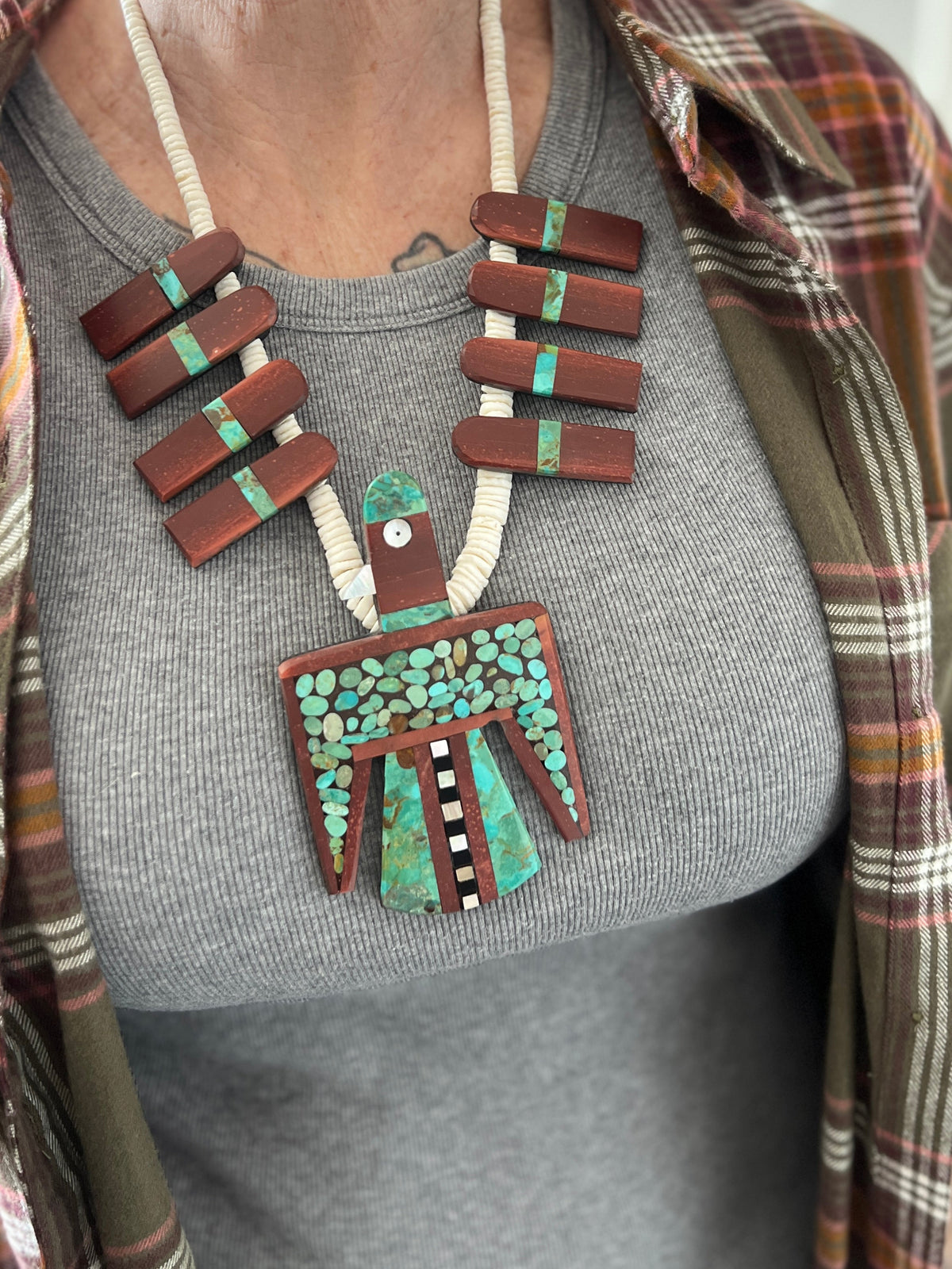 Warren Nieto Inlay Kingman Turquoise and Pipestone Thunderbird Tab Necklace & Earrings Set