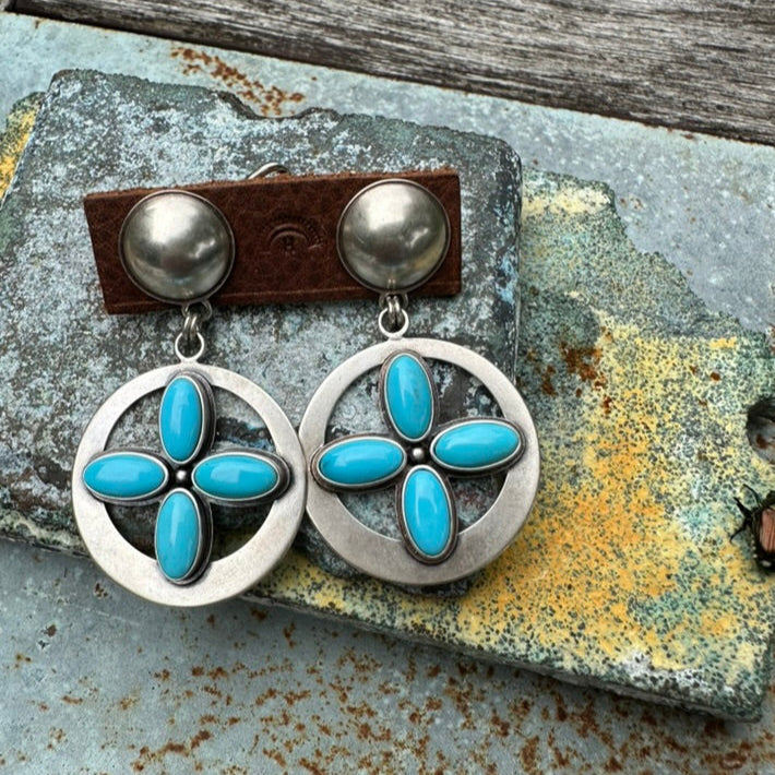 Artisan Made Sterling Silver and Blue Turquoise Four Directions Earrings by Dennis Hogan