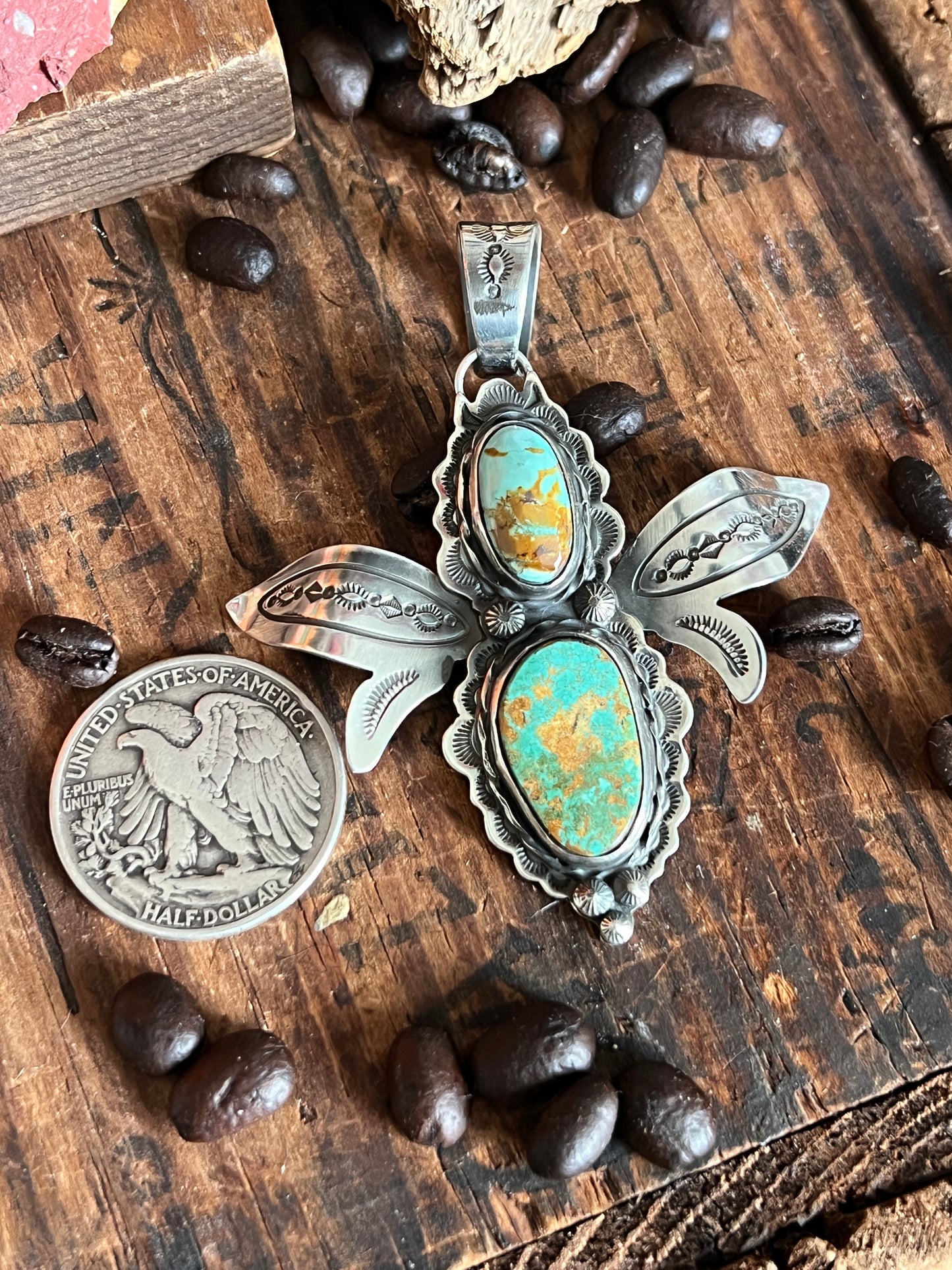 Hand Stamped Sterling Silver and Turquoise Winged Bug Pendant by Kimari Somers