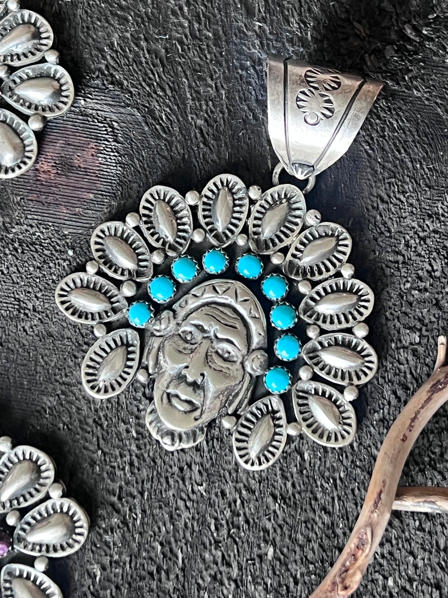 Sterling Silver Chief Pendant by Patrick Yazzie: Coral, Turquoise or Rainbow
