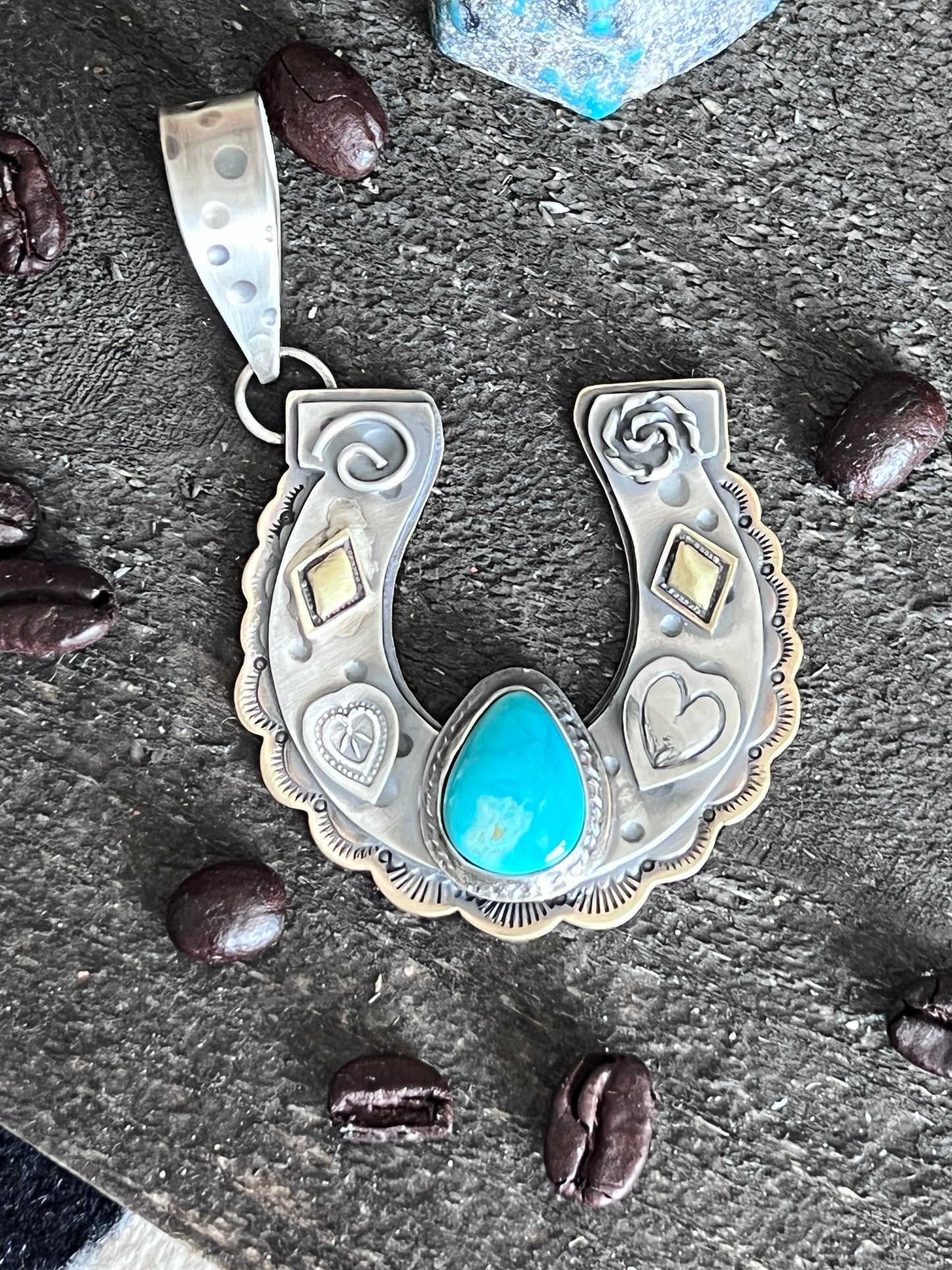 Kimari Somers Hand Stamped Sterling Silver Heart Motif Horseshoe Pendant with Brass & Royston Turquoise