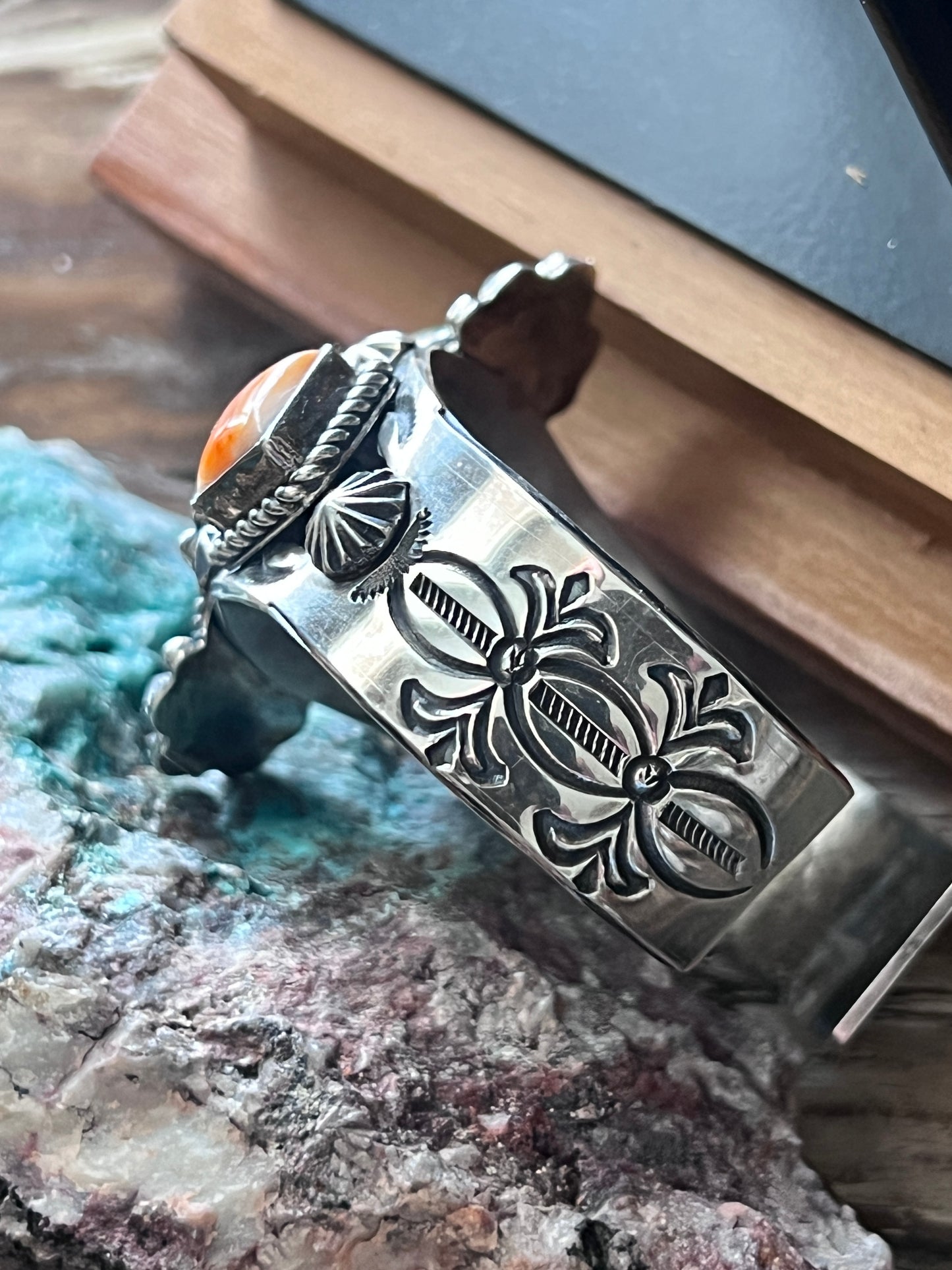 Rosella Paxson Pilot Mountain Turquoise and Spiny Oyster Stamped Split Cuff