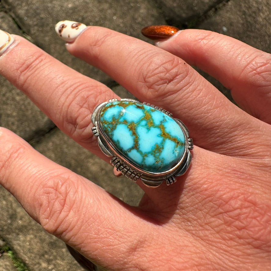 Navajo Sterling Silver Light Blue Webbed Kingman Turquoise Ring Signed by Allen Lee