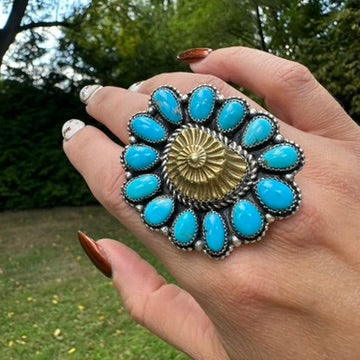 Navajo Sterling Silver and Turquoise Cluster Adjustable Ring by Ednei Yabeny