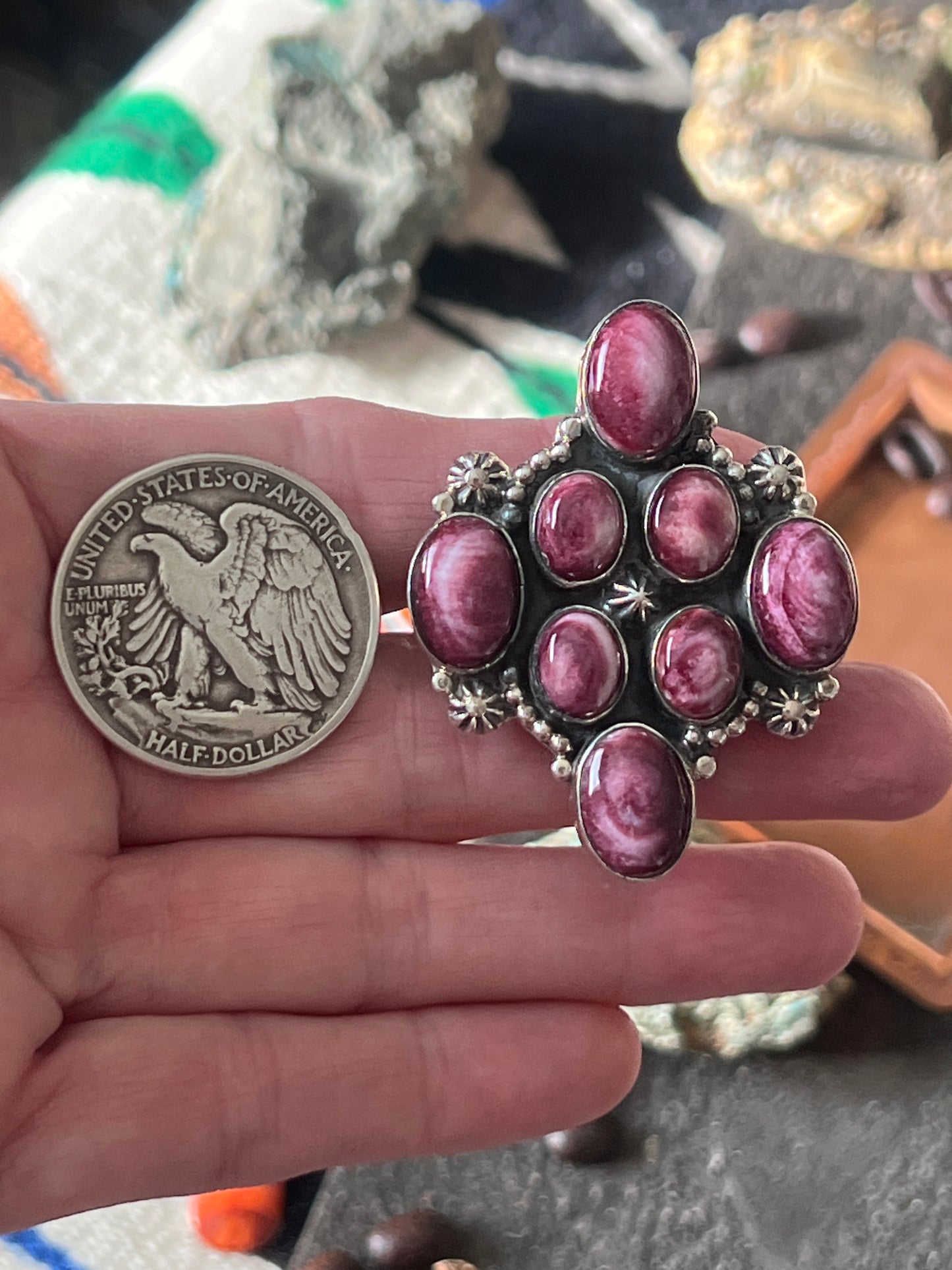 Rosella Paxson Sterling Silver and Purple Spiny Oyster Shell Cluster Ring, Size 9.5-10