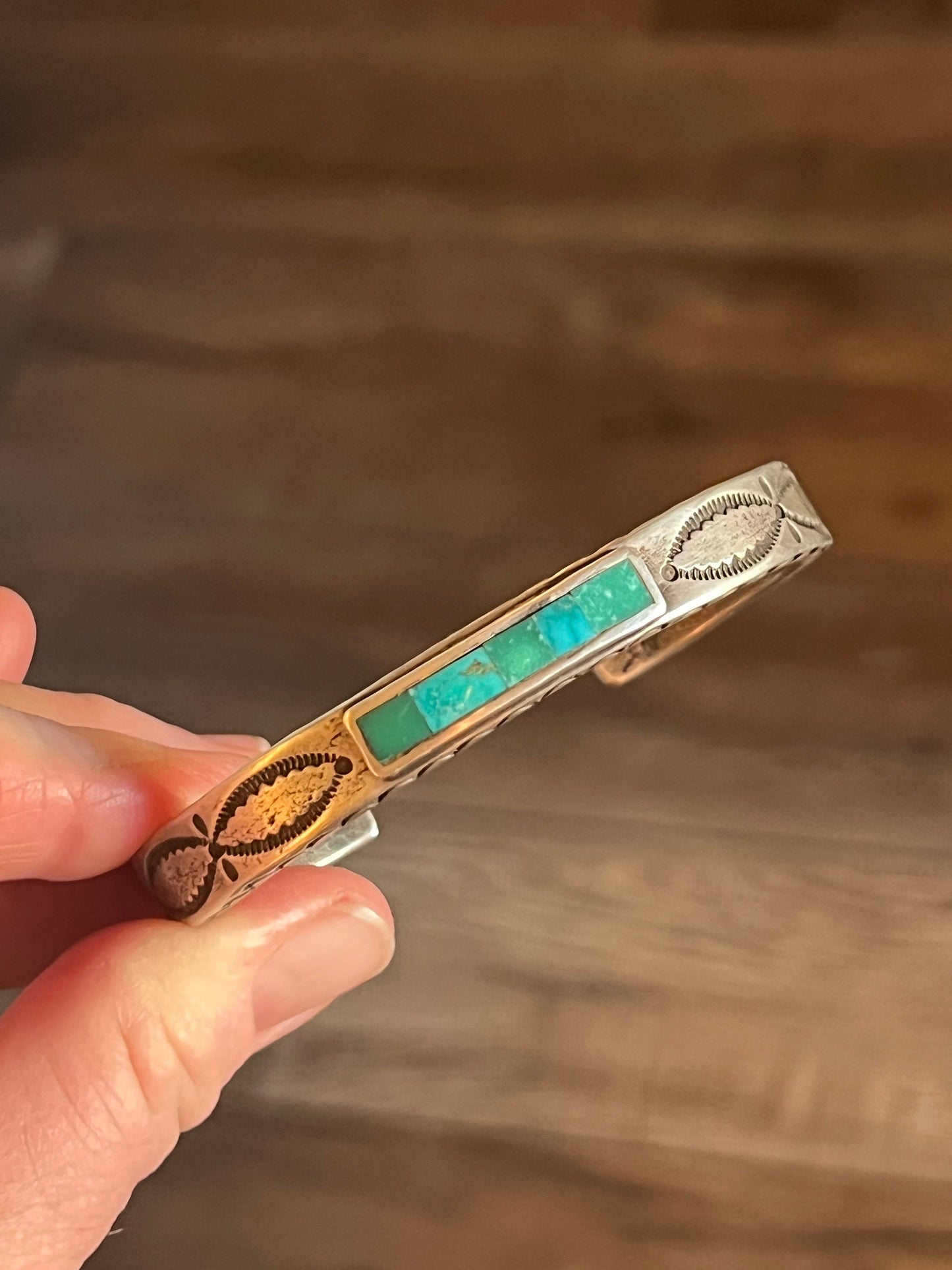 Falcon Trading Company Ingot Coin Silver and Fox Turquoise Inlay Cuff Bracelet by Joe O’Neill