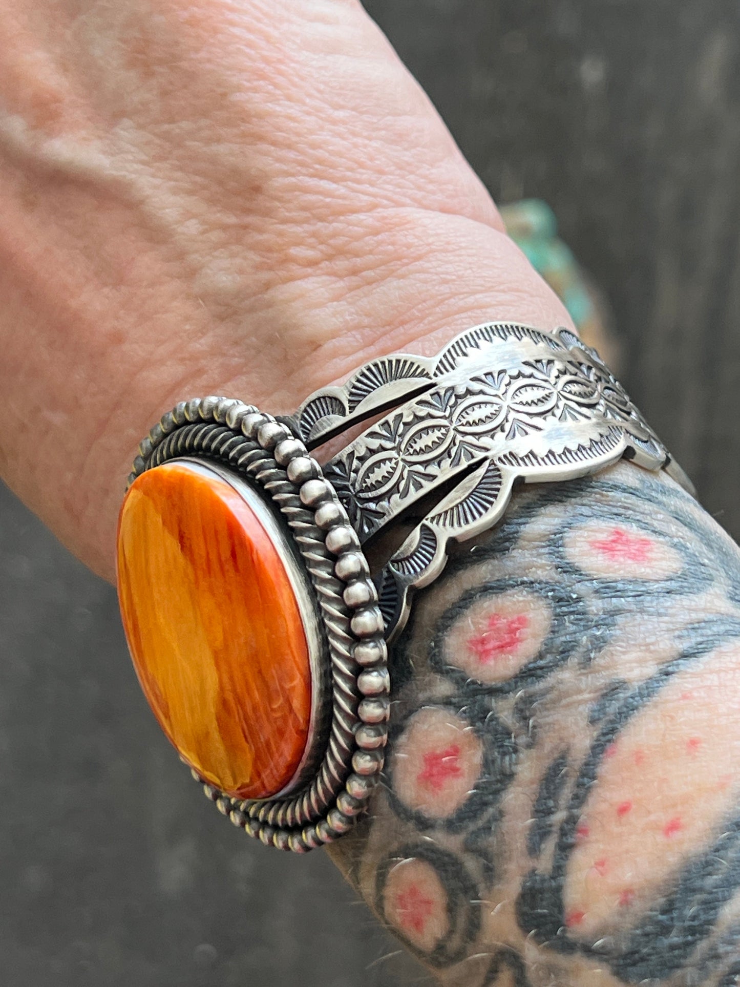 Navajo Hand Stamped Sterling Silver Split Cuff Bracelet with Spiny Oyster Shell by Murphy Platero