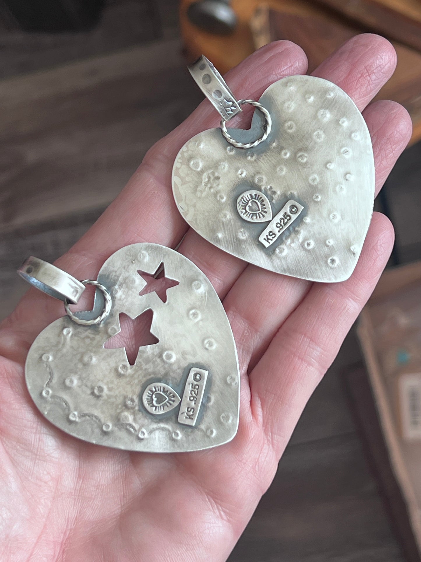 Hand Stamped Sterling Silver & Turquoise Heart Pendants w/ Brass Accents by Kimari Somers