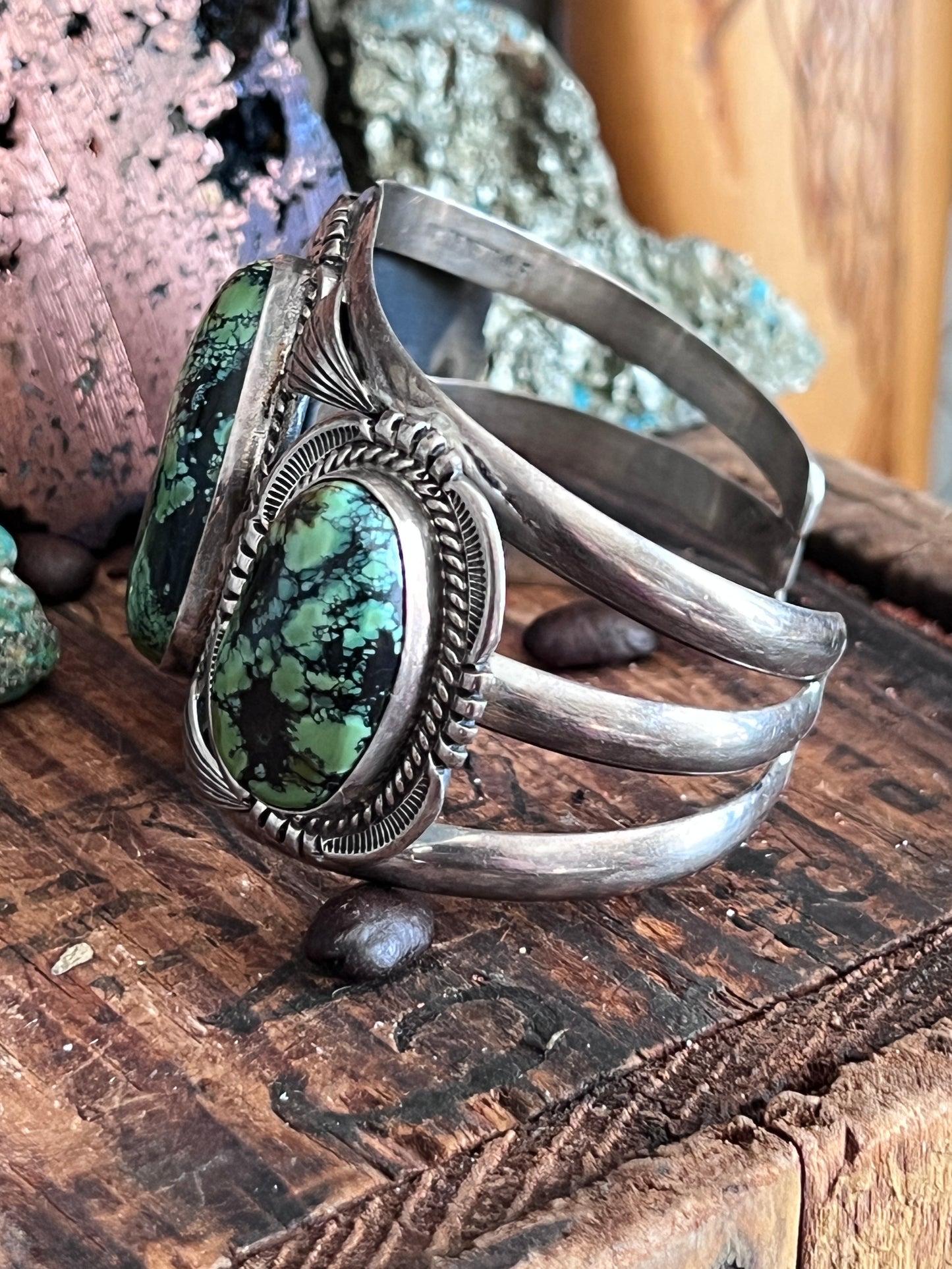 Vintage Sterling Silver and Three Stone Turquoise Cuff Bracelet by Will Denetdale