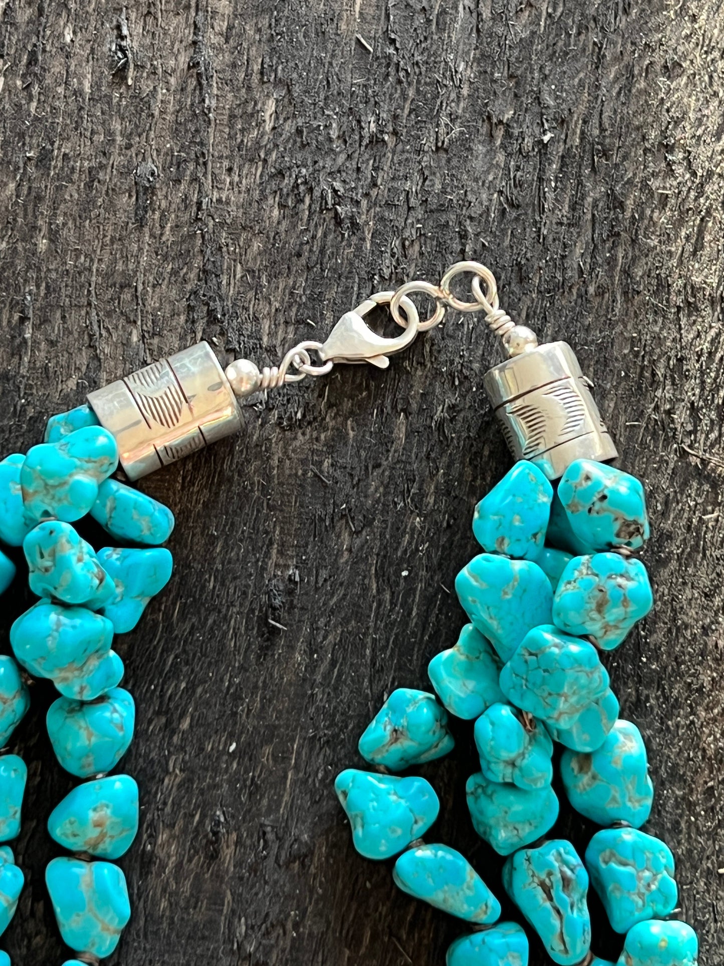 Navajo Sterling Silver Pink Conch Chief and Triple Strand Turquoise Nugget Bead Necklace by Patrick Yazzie