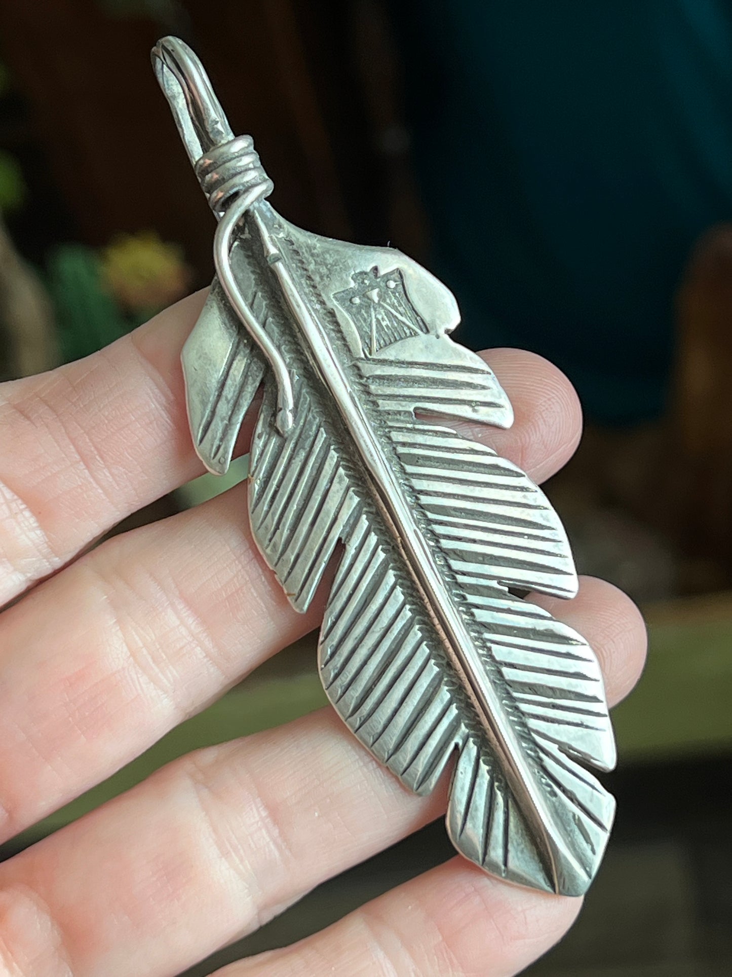 Rustic Sterling Silver Feather Pendant by Santa Fe Artist, Buffalo