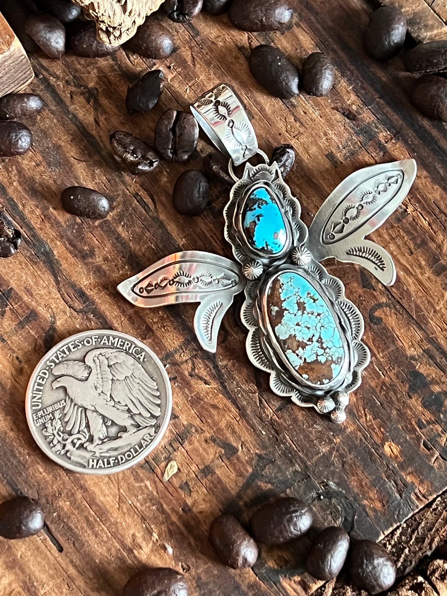 Kimari Somers Hand Stamped Sterling Silver and Turquoise Winged Bug Pendant