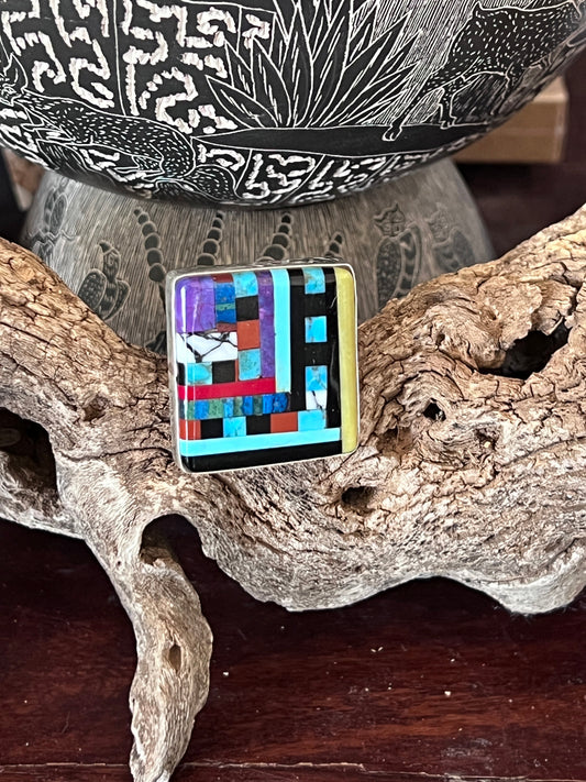 Ronald Chavez Electric Rainbow Sterling Silver Square Mosaic Multistone Ring, Size 9