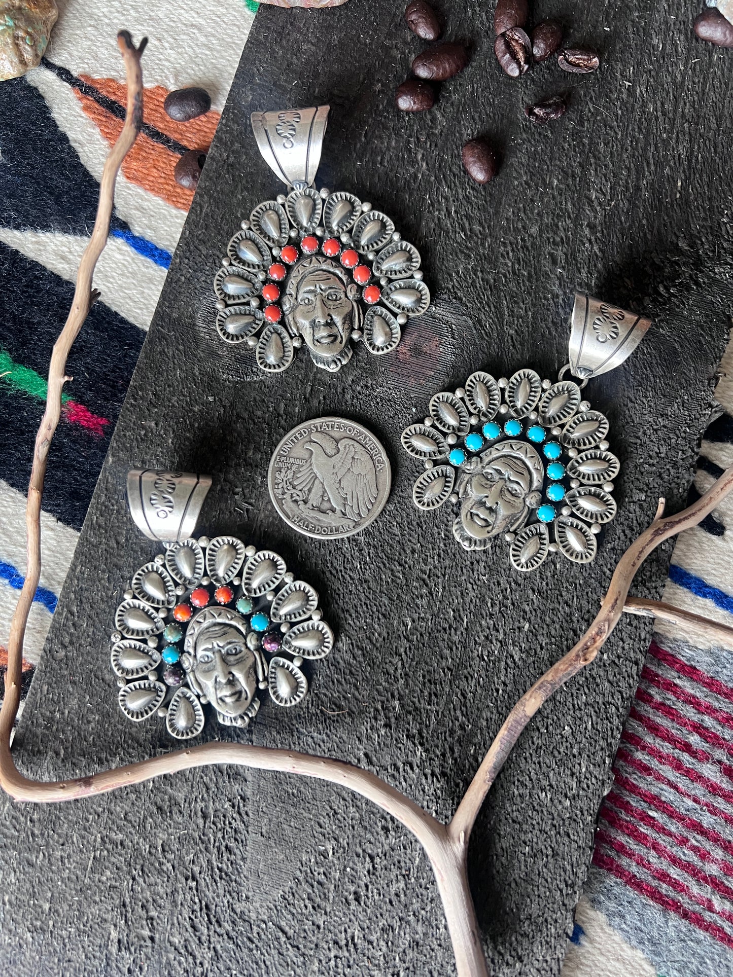 Sterling Silver Chief Pendant by Patrick Yazzie: Coral, Turquoise or Rainbow