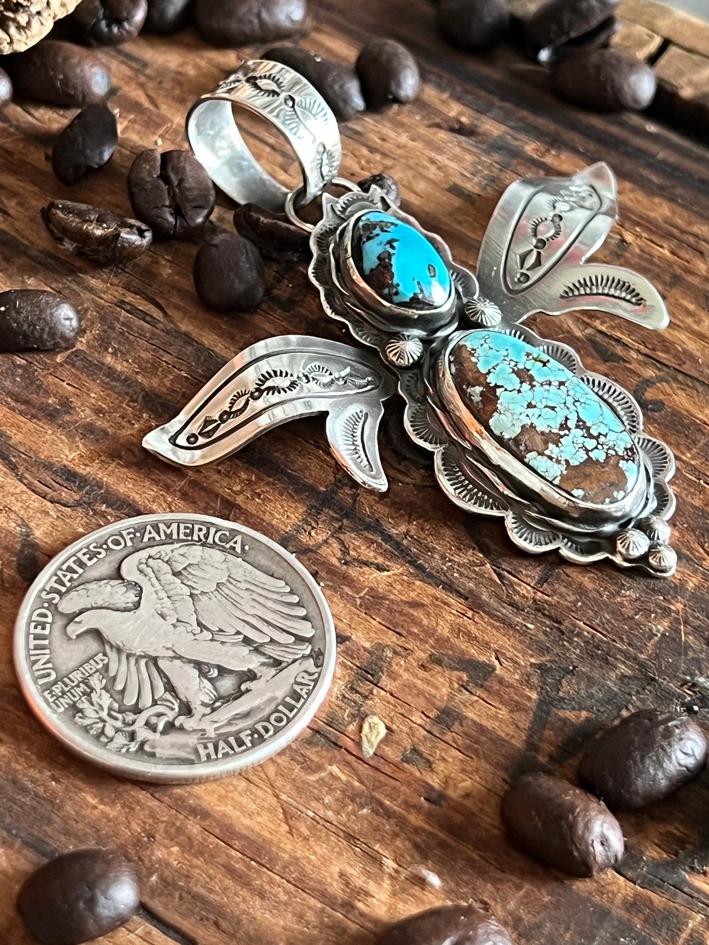Kimari Somers Hand Stamped Sterling Silver and Turquoise Winged Bug Pendant