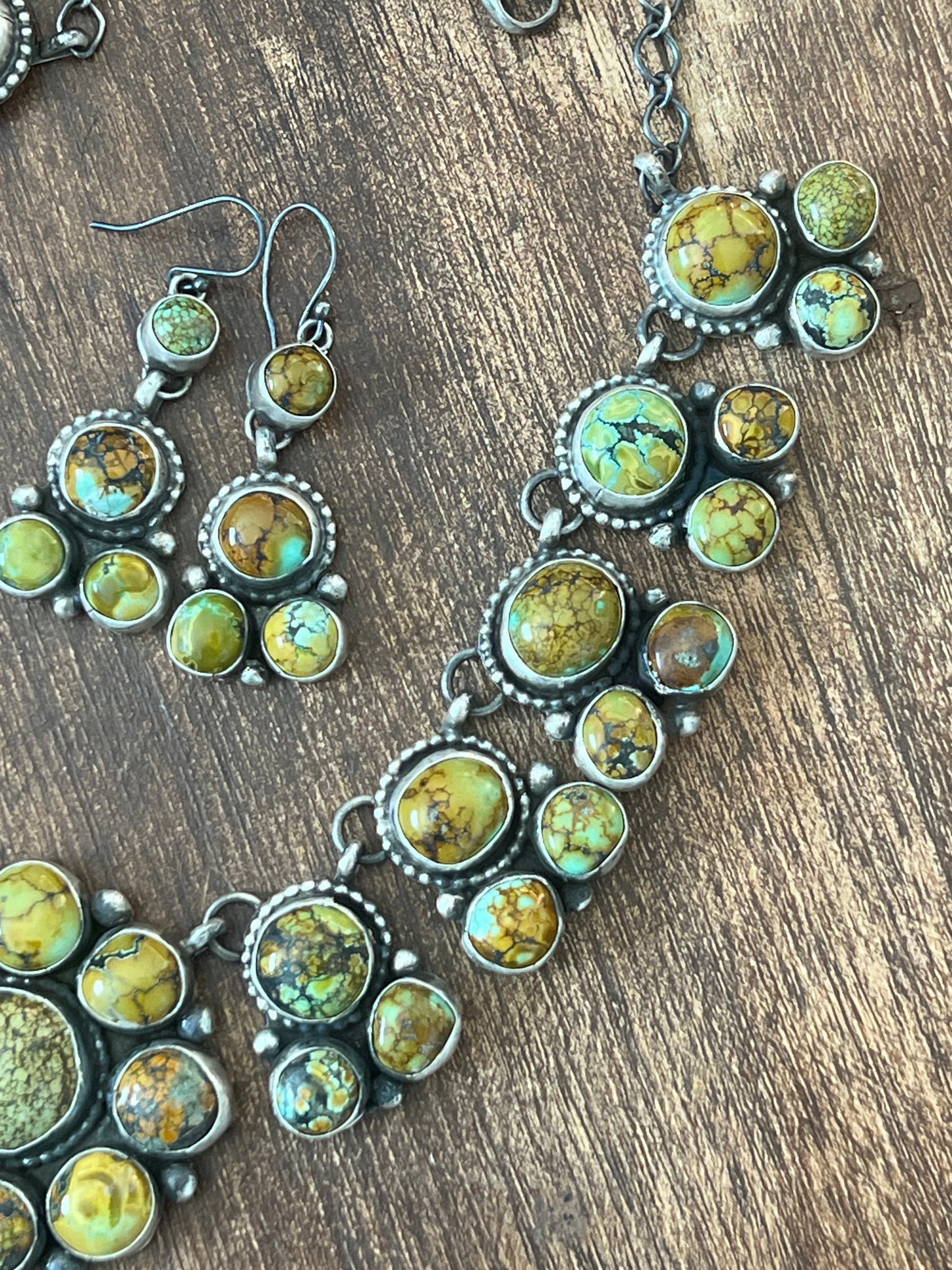 Fabulous Navajo Sterling Silver and Blue Moon Turquoise Cluster Necklace and Earrings Set by Bobby Johnson