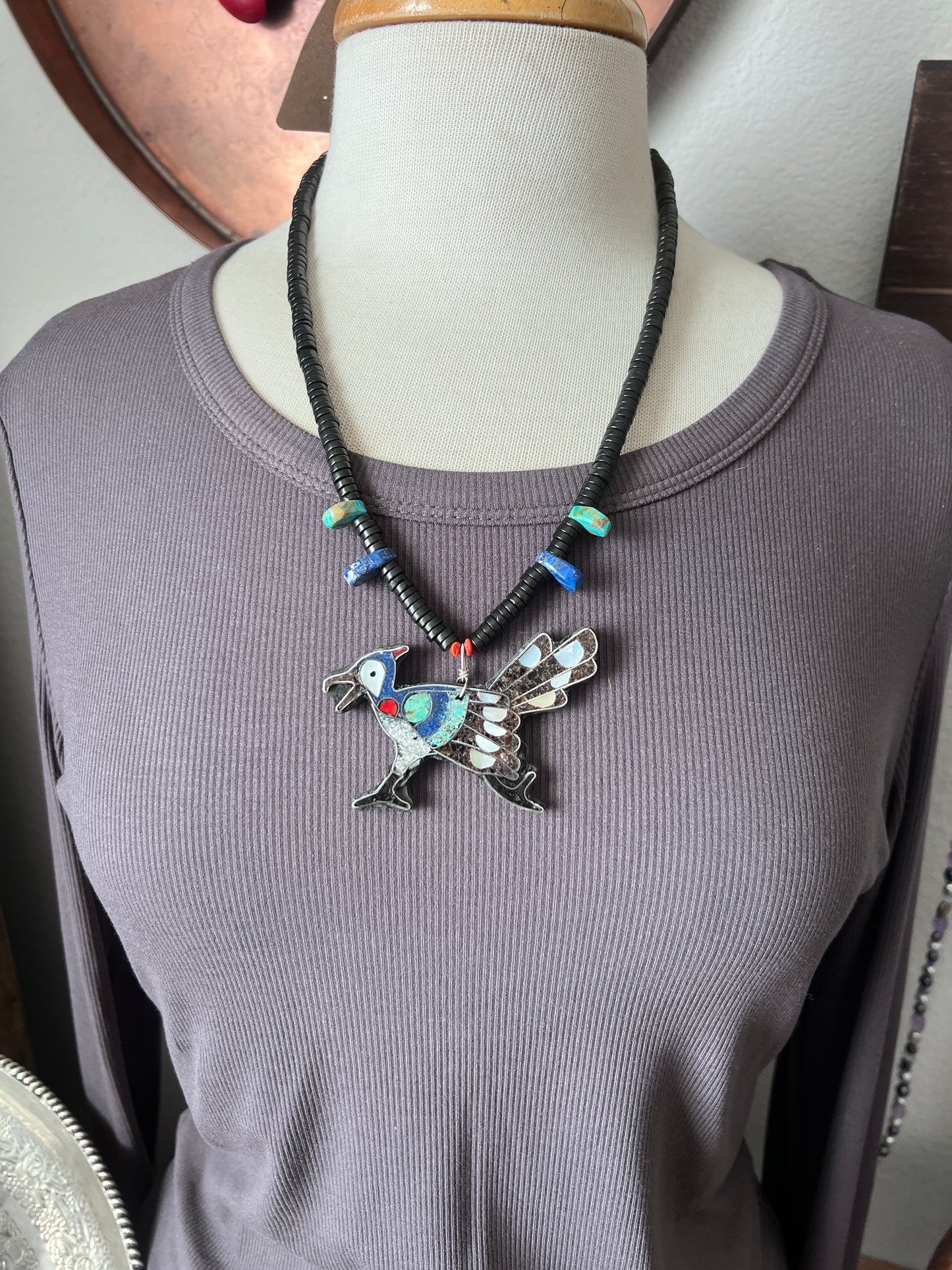 Warren Nieto Sterling Silver and Inlaid Stone Roadrunner Desert Dreamer Necklace