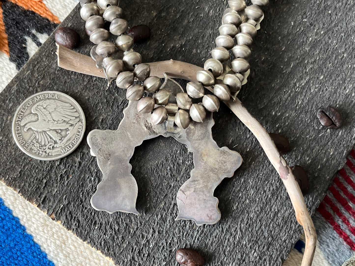 Vintage Unsigned Sterling Silver and Turquoise Squash Blossom, Zuni Style