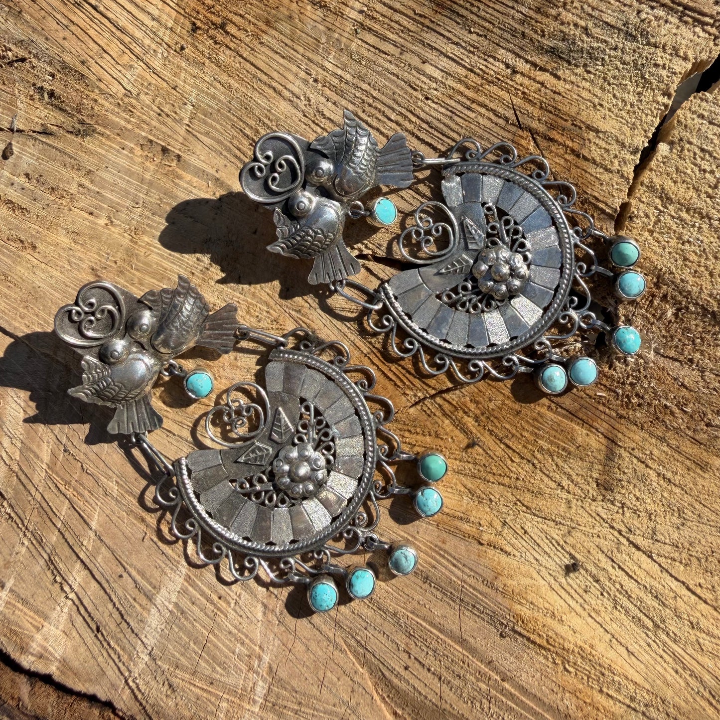 Sterling Silver Half Disc and Turquoise Filigree Lovebird Earrings by Federico Jimenez