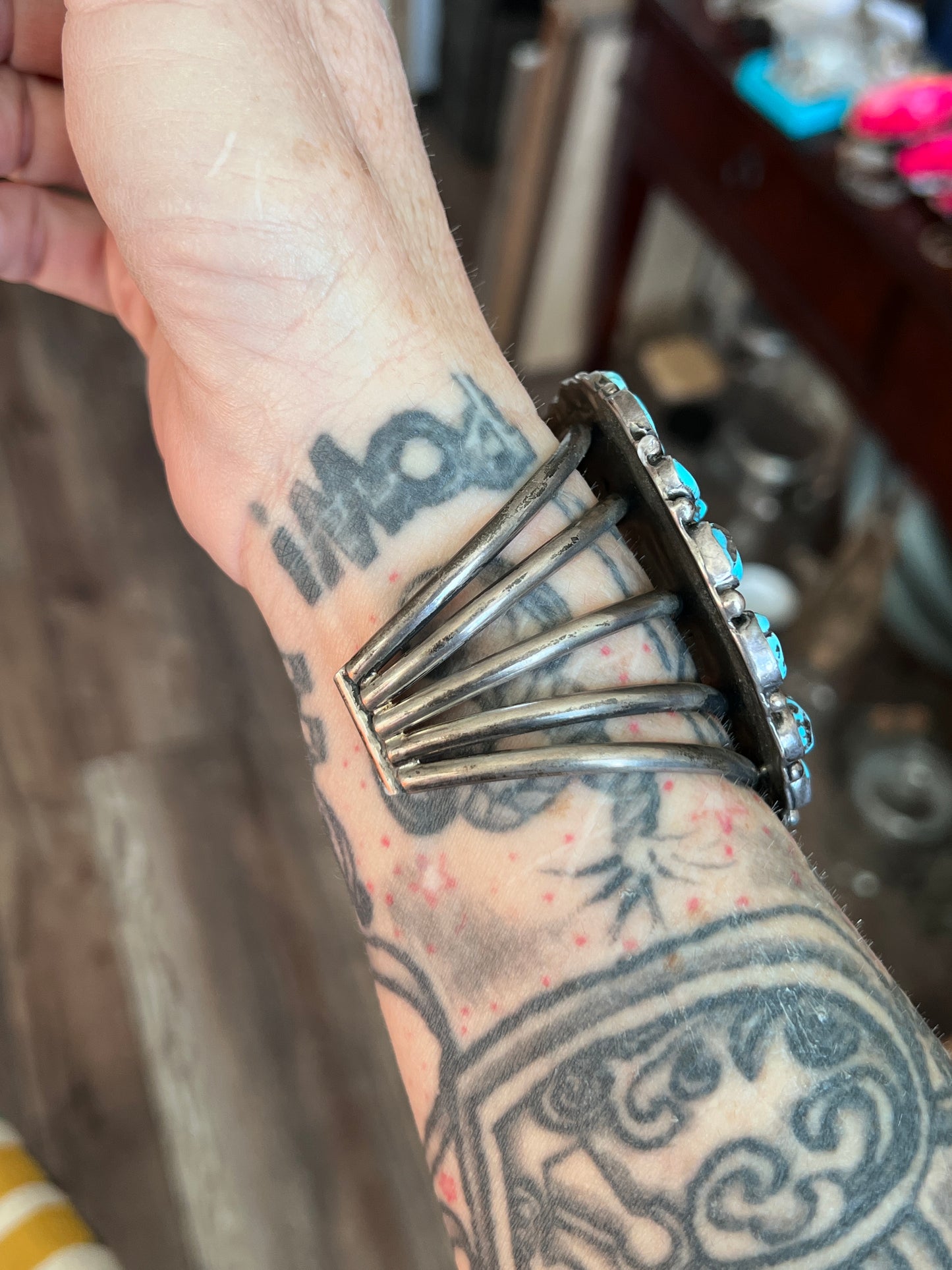 Vintage Sterling Silver and Kingman Nugget Turquoise Cluster Cuff Bracelet