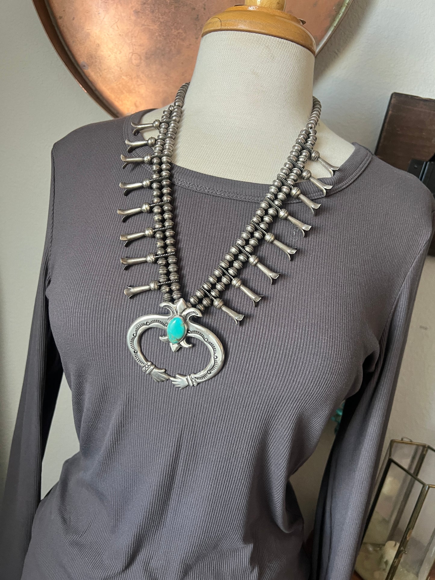 Vintage Sterling Silver and Turquoise Squash Blossom, Hand Terminal Naja