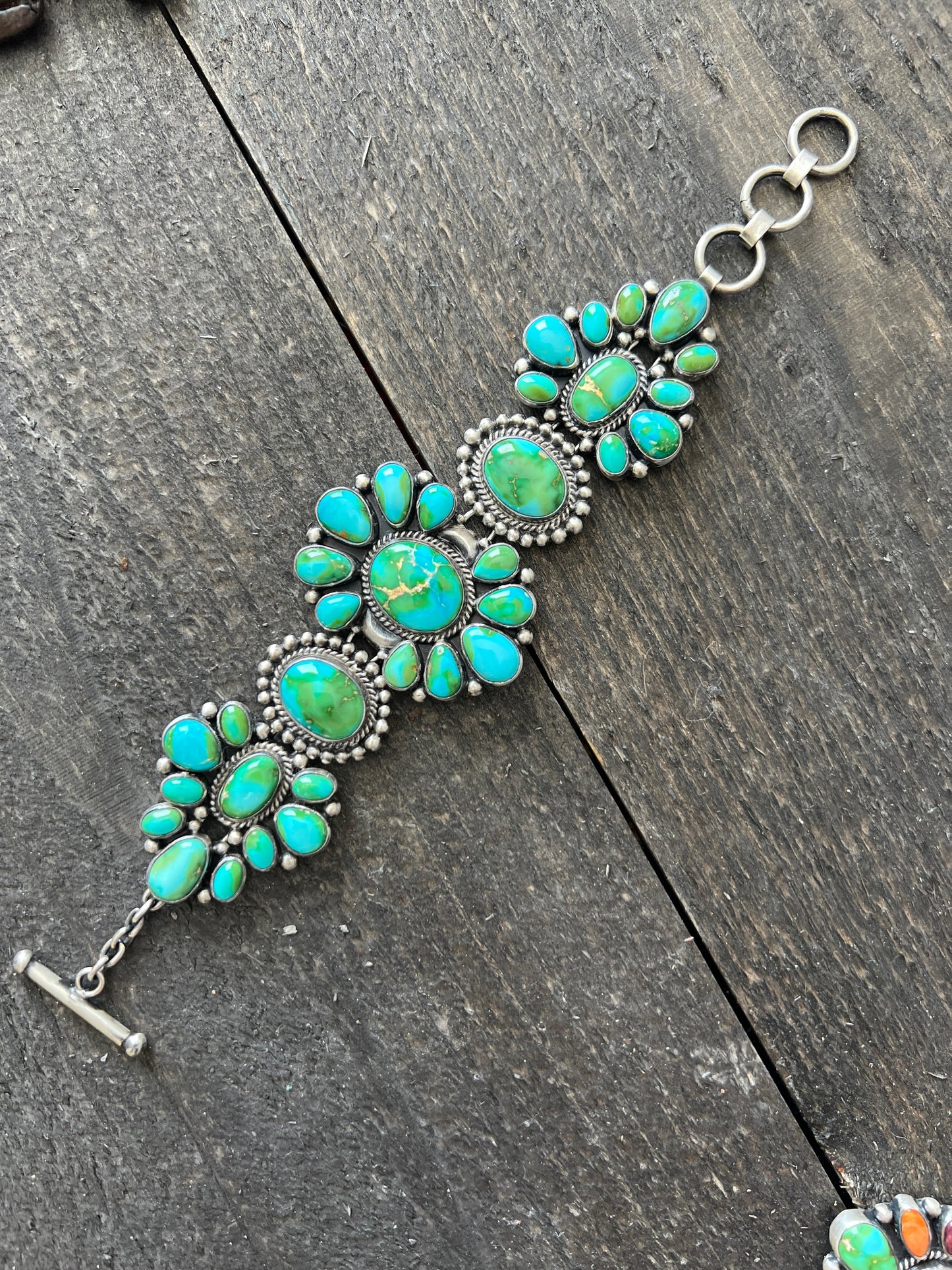 Stunning Navajo Sterling Silver, Sonoran Mountain Turquoise and Spiny Oyster Shell Cluster Link Bracelets by Diane Wylie
