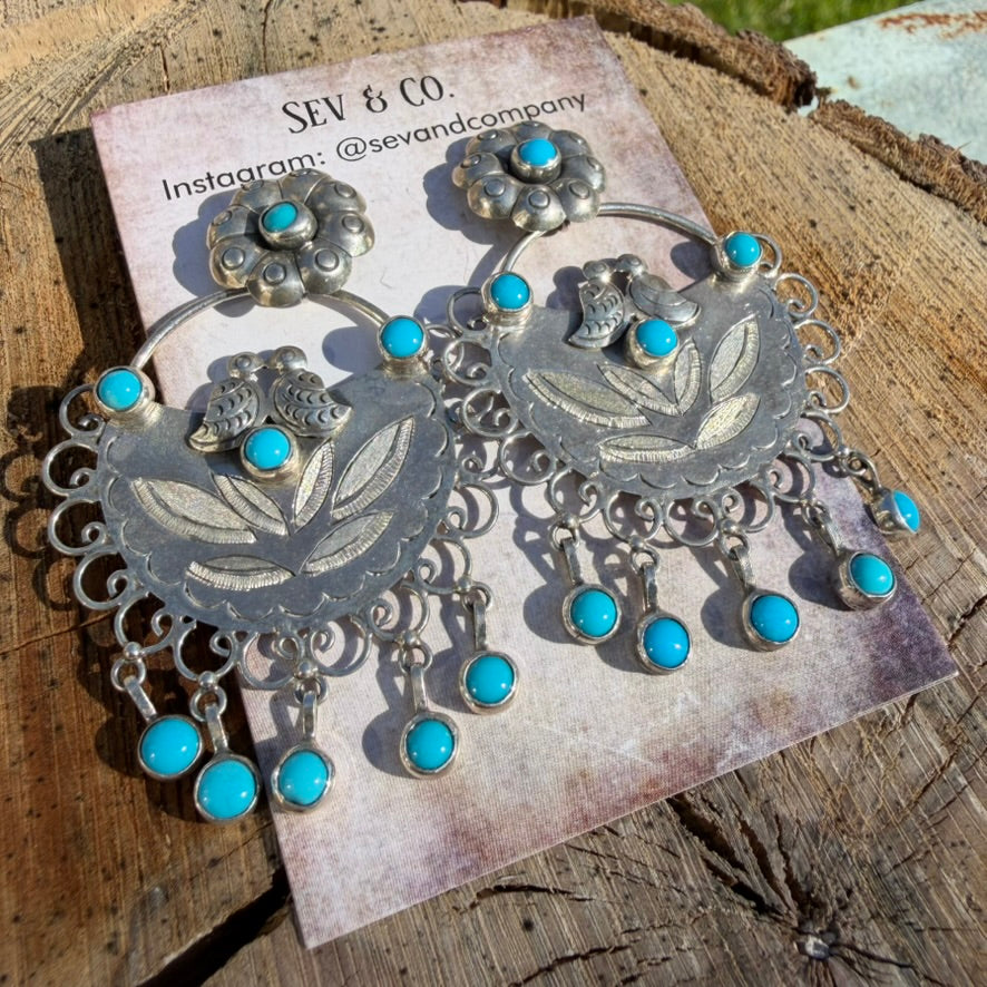 Sterling Silver Turquoise Flower Lovebird Earrings by Federico Jimenez