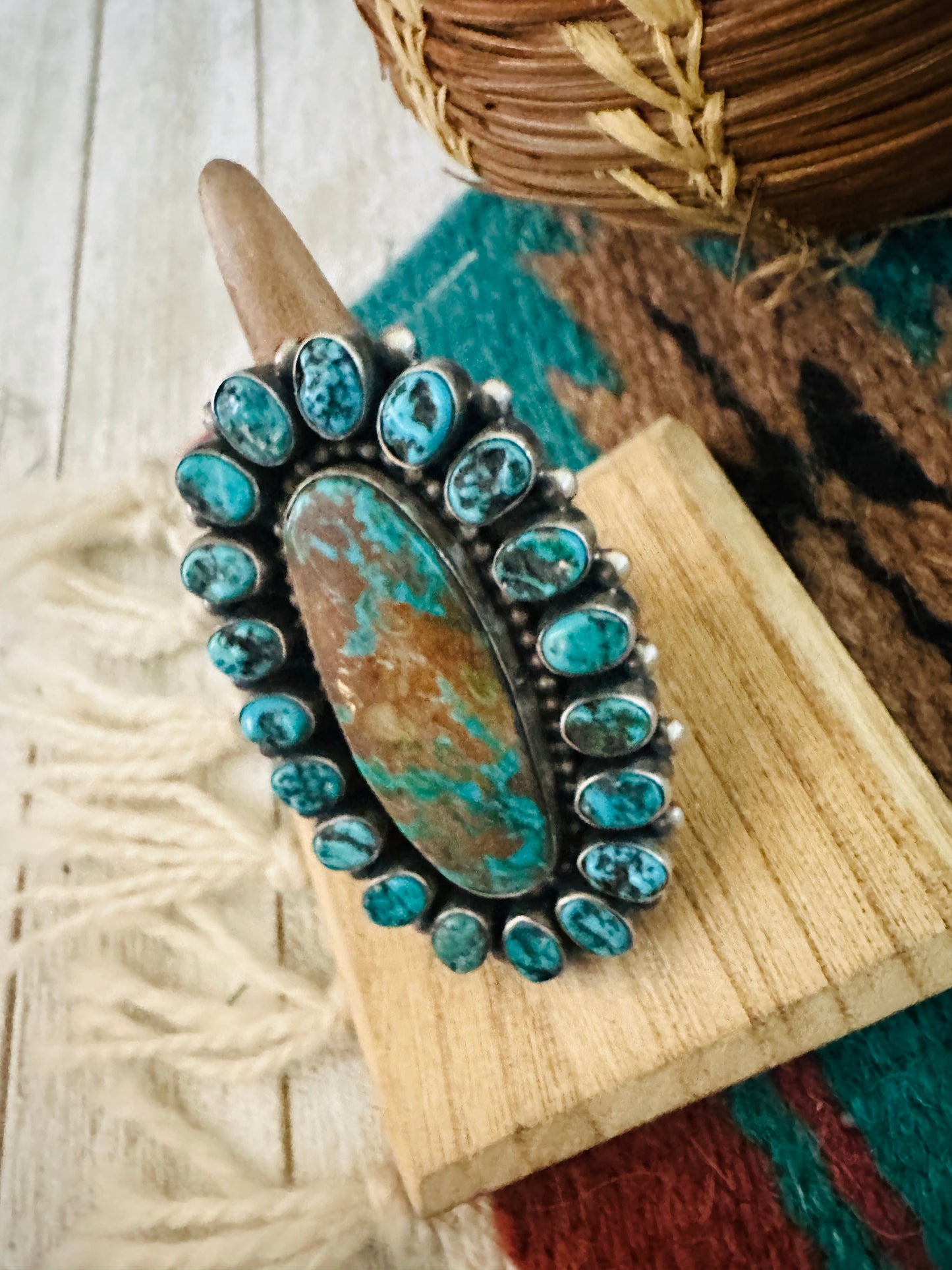 Navajo Turquoise & Sterling Silver Cluster Adjustable Ring by Blaine Yellowhorse