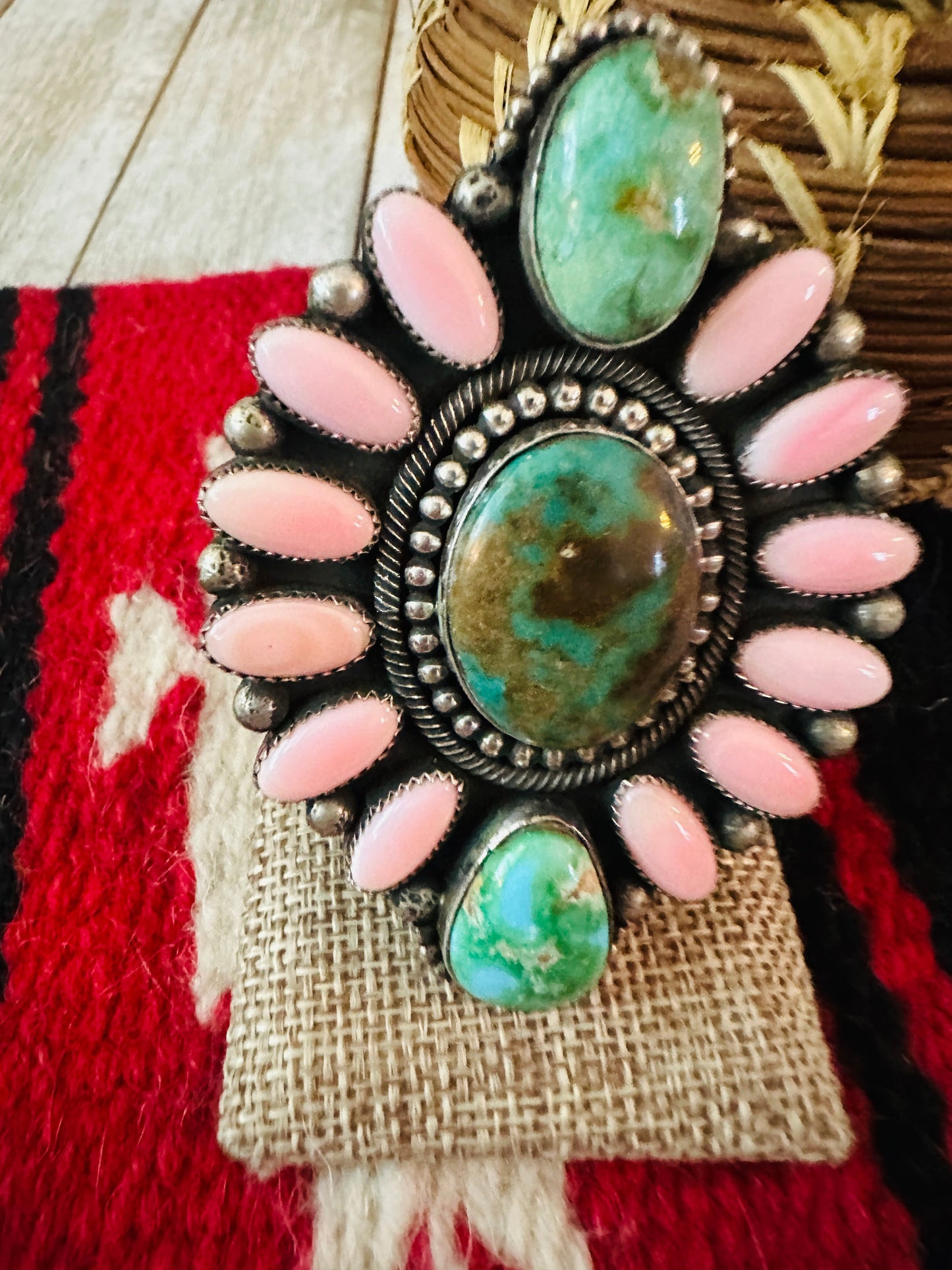 Navajo Sterling Silver, Queen Pink Conch & Turquoise Cluster Adjustable Ring by Hemerson Brown