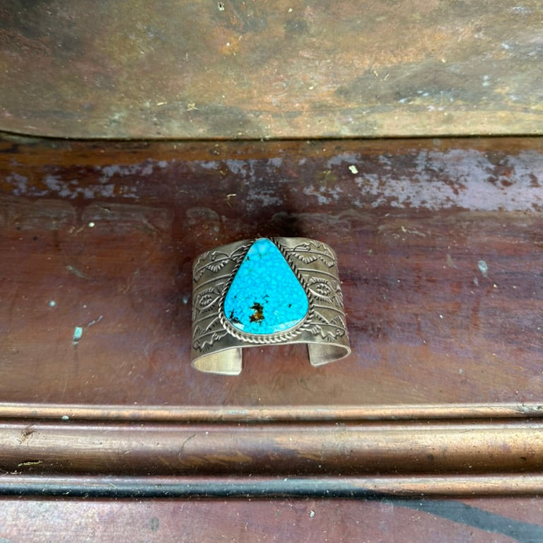 Navajo Made Wide Sterling Silver and Turquoise Teardrop Cuff Bracelet Signed B.E.