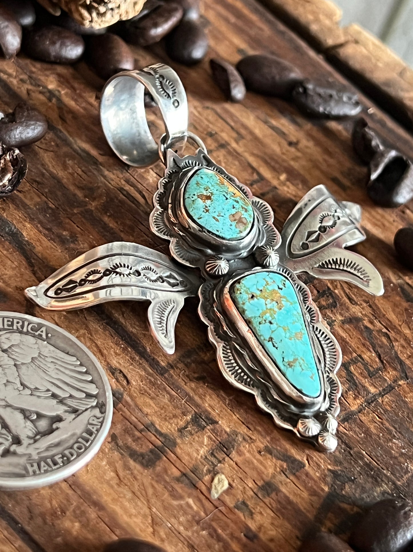 Sterling Silver and Turquoise Winged Bug Pendant by Kimari Somers