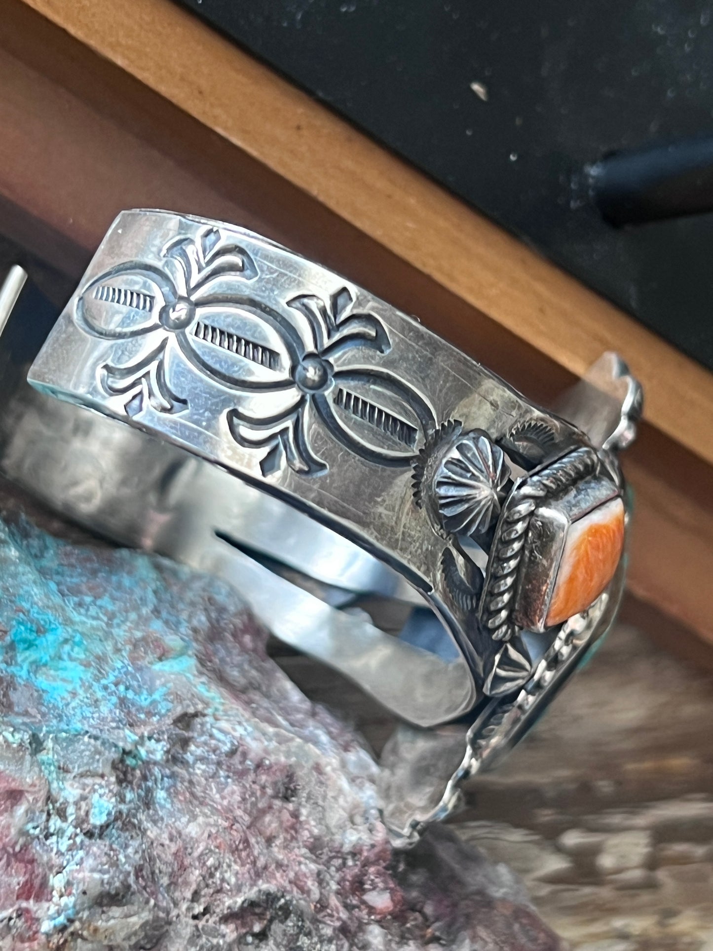 Rosella Paxson Pilot Mountain Turquoise and Spiny Oyster Stamped Split Cuff