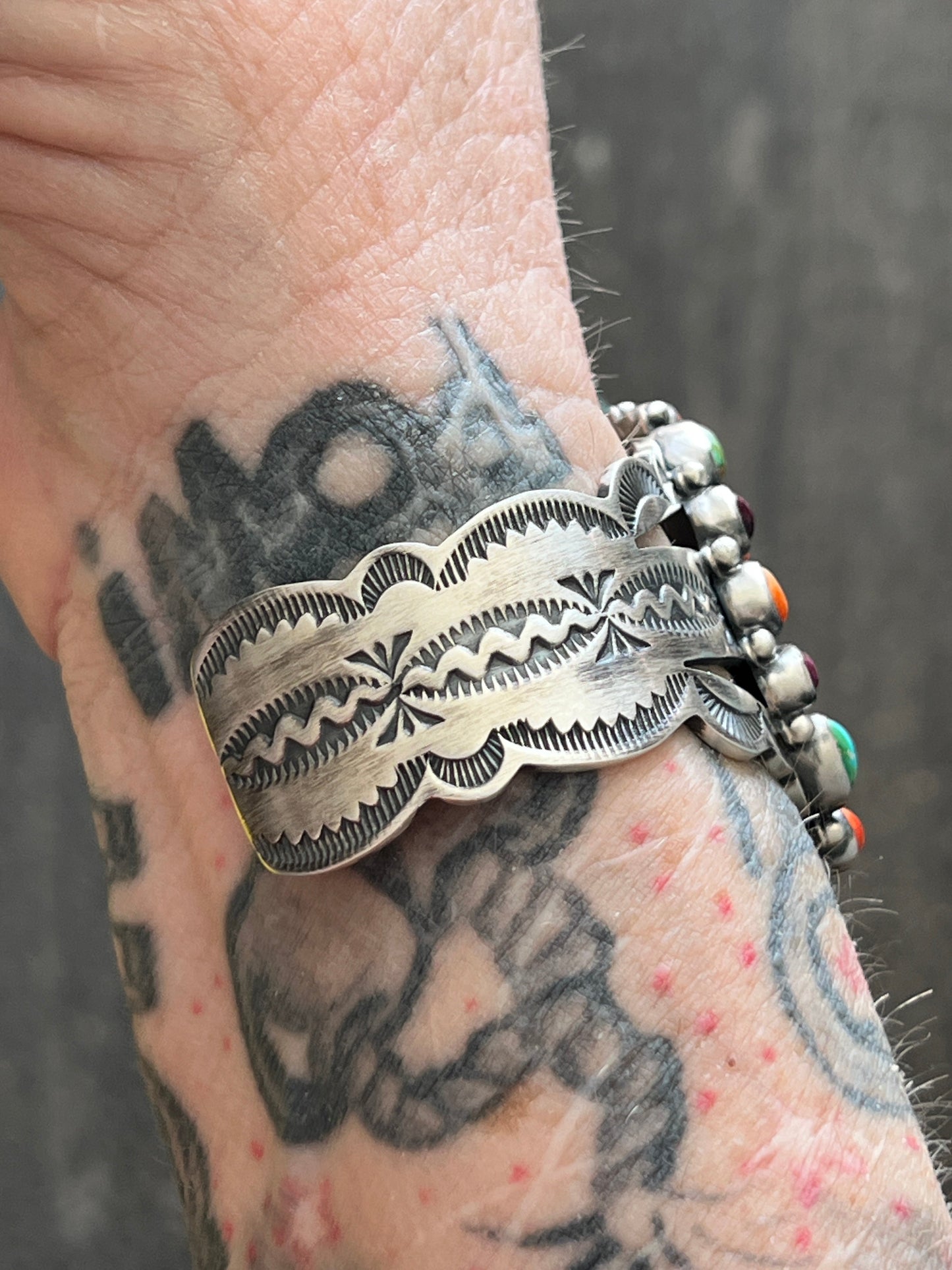 Navajo Sterling Silver Electric Rainbow Sonoran Turquoise and Spiny Oyster Cluster Cuff Bracelet by Murphy Platero