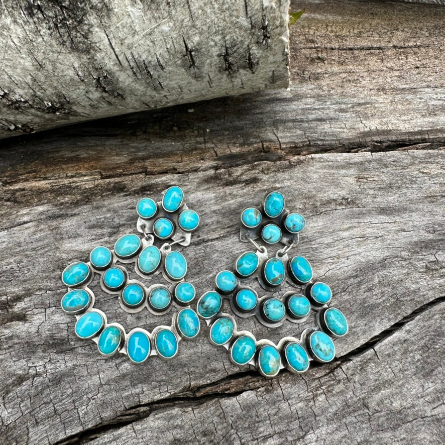 Native Made Blue Turquoise and Sterling Silver Fan Cluster Earrings by Jennifer Denefclaw