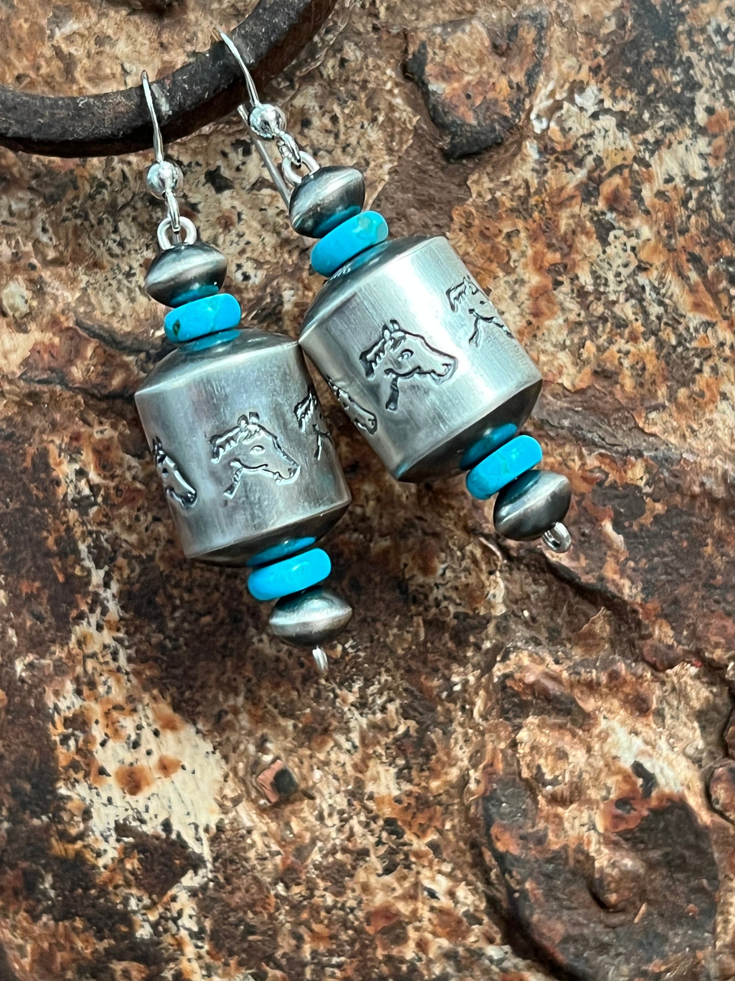 Navajo Sterling Silver and Turquoise Handmade Barrel Bead Earrings by Preston Haley