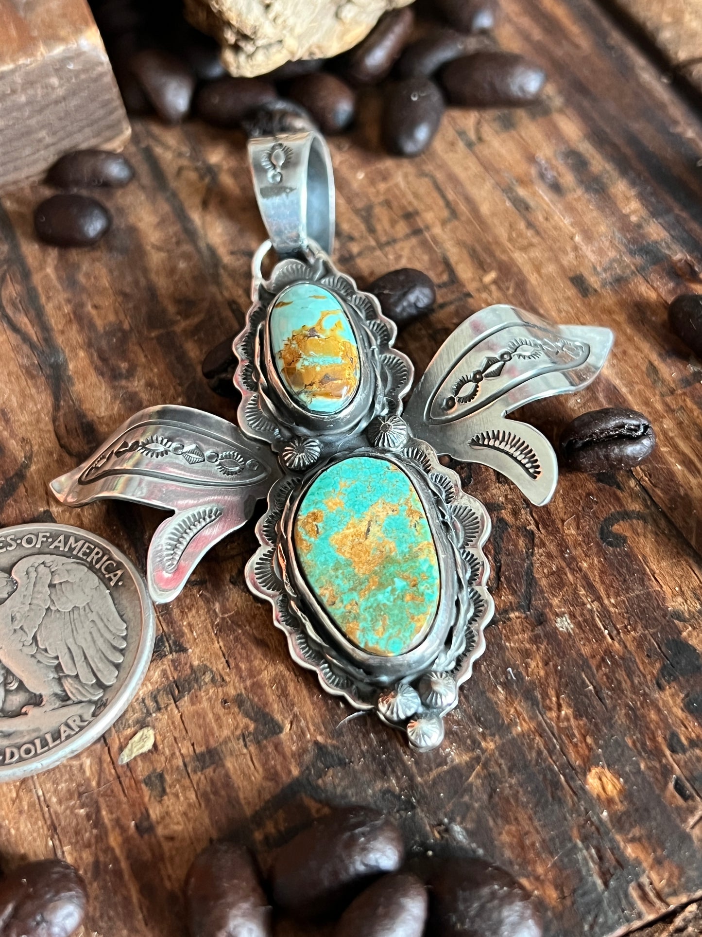 Hand Stamped Sterling Silver and Turquoise Winged Bug Pendant by Kimari Somers