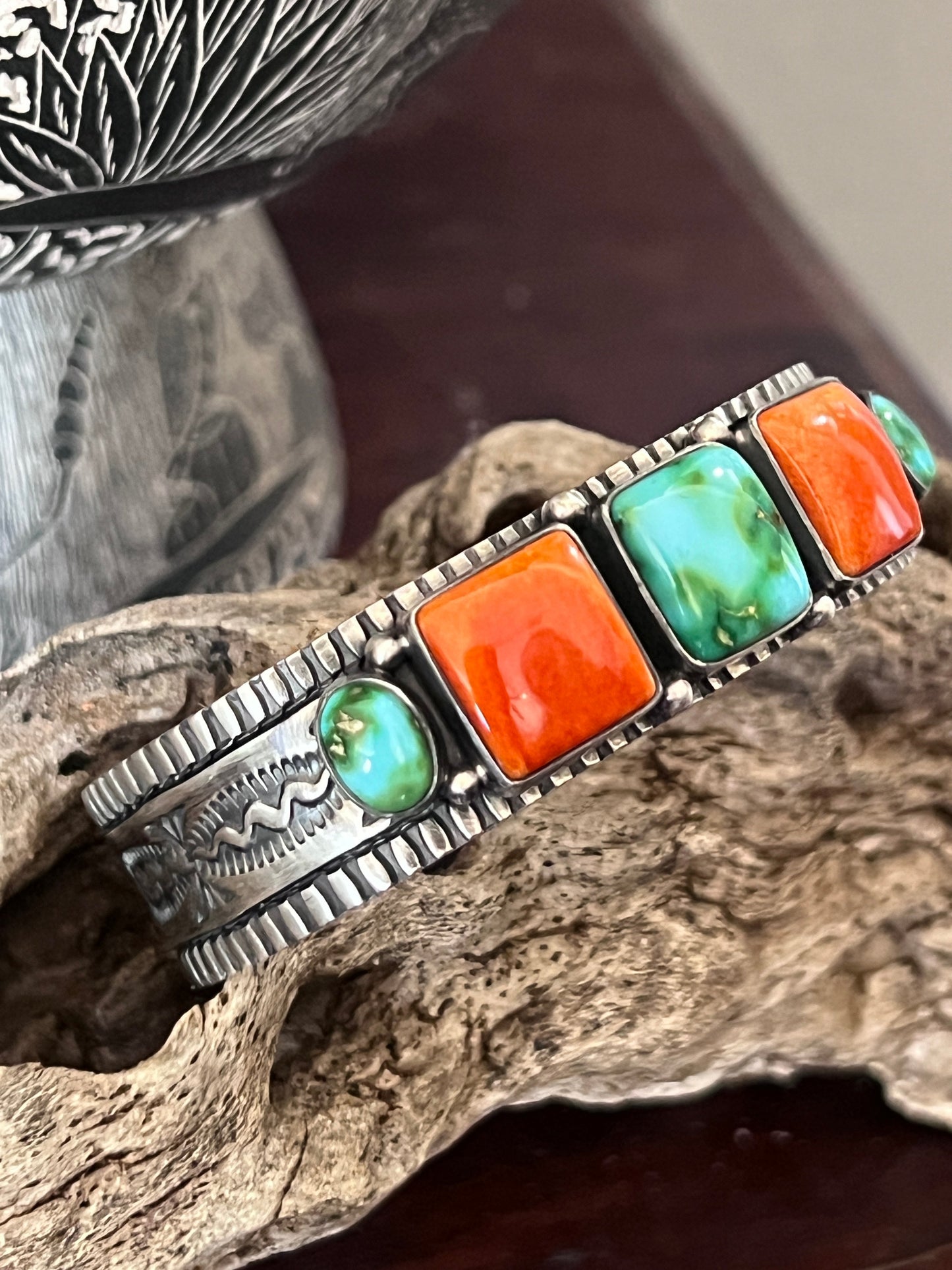 Handcrafted Sterling Silver Electric Rainbow Sonoran Turquoise and Spiny Oyster Stacker Cuff Bracelet by Murphy Platero