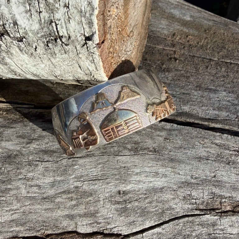 Apache Richard Reeve Sterling Silver with Gold Overlay Storyteller Cuff Bracelet