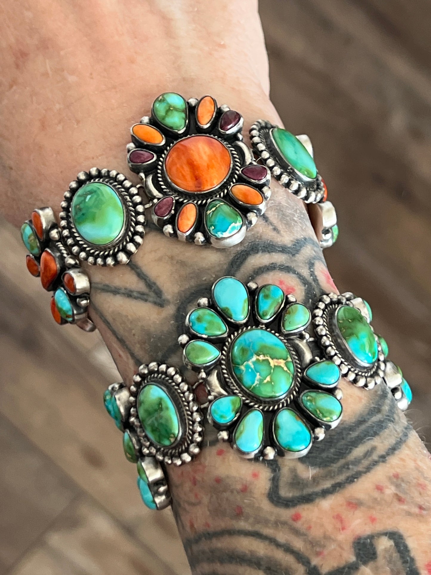 Stunning Navajo Sterling Silver, Sonoran Mountain Turquoise and Spiny Oyster Shell Cluster Link Bracelets by Diane Wylie