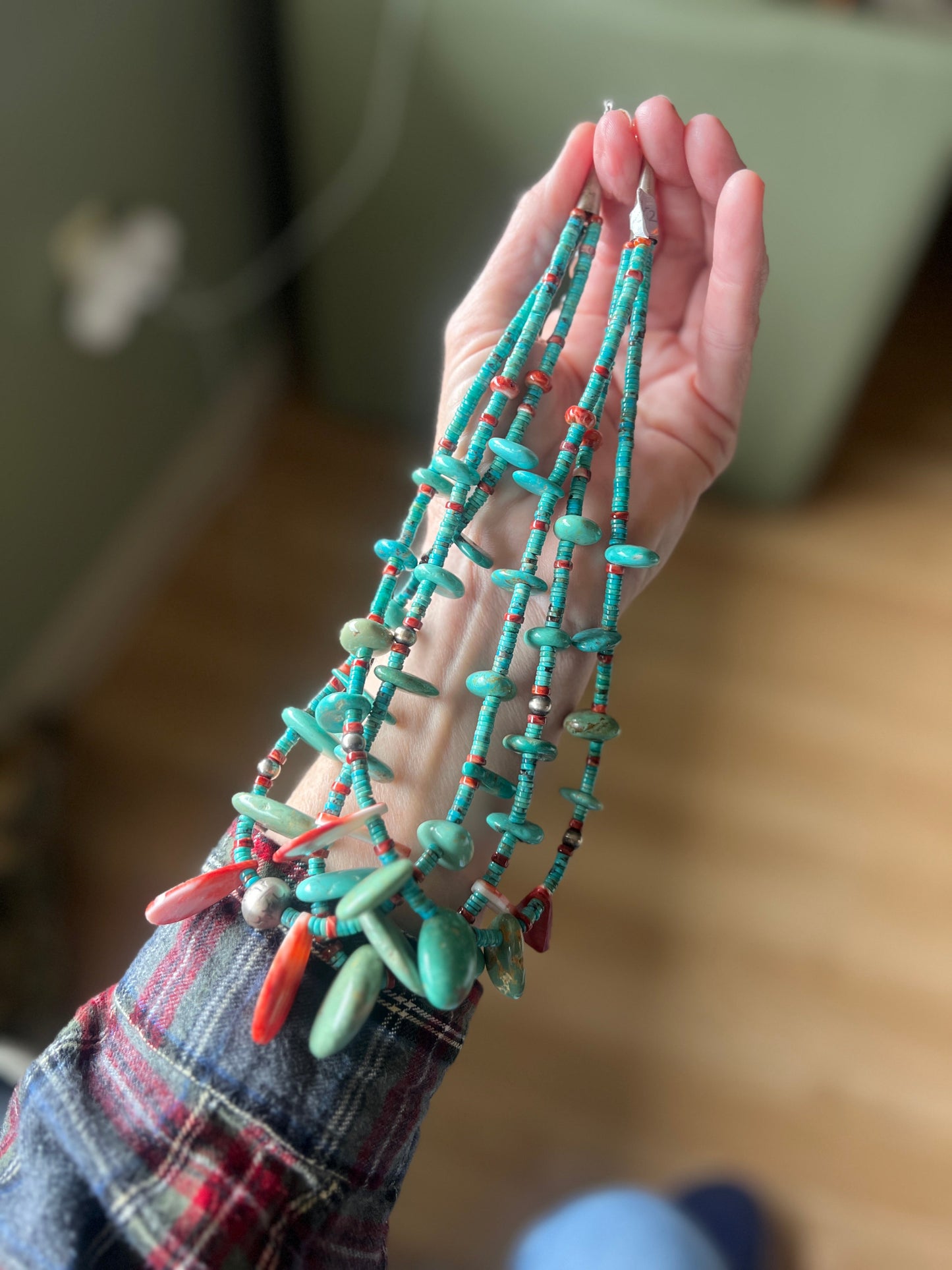 Gorgeous Handcrafted Triple Strand Sterling Silver, Turquoise and Spiny Oyster Beaded Tab Necklace by Daniel Coriz