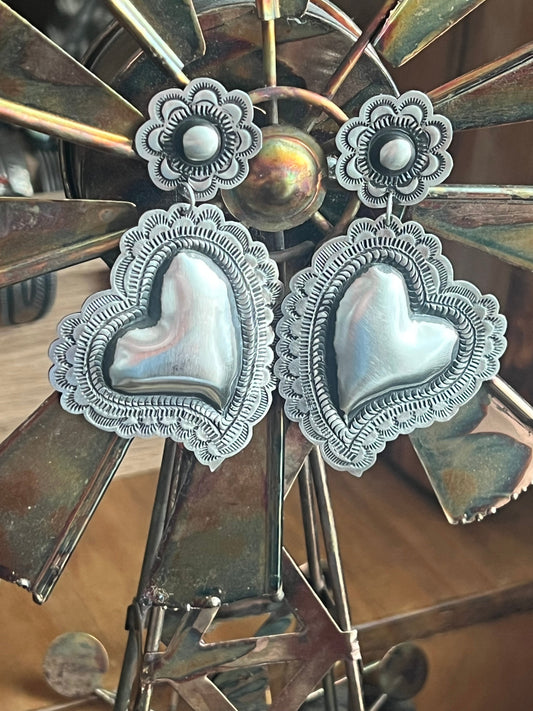 Handmade Navajo Sterling Silver Stamped Repousse Heart Earrings by Leander Tahe, AH2
