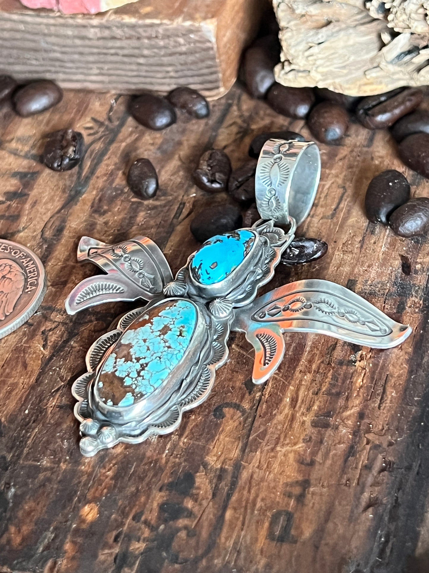 Kimari Somers Hand Stamped Sterling Silver and Turquoise Winged Bug Pendant
