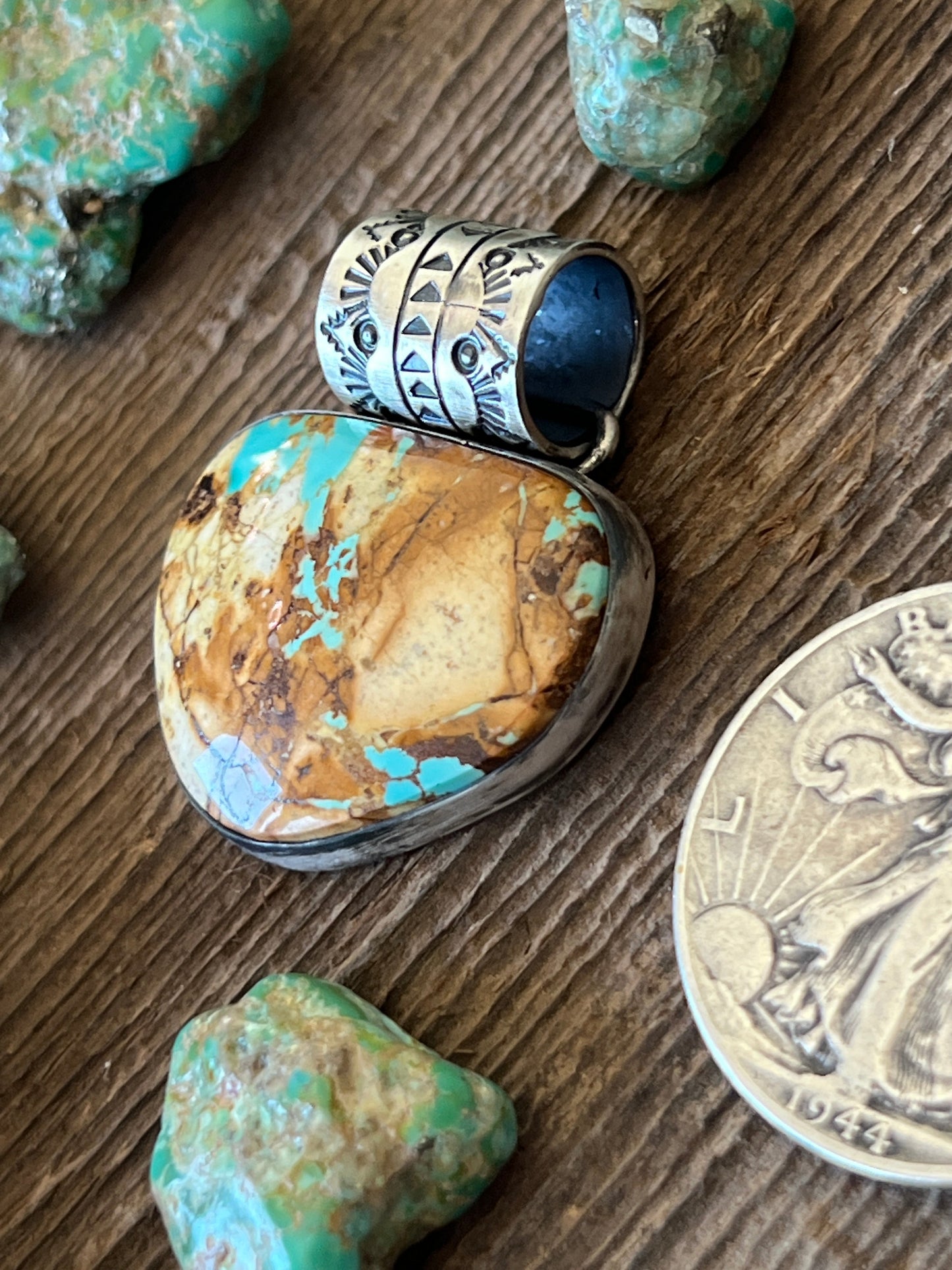 Navajo Sterling Silver and Royston Ribbon Turquoise Solo Pendant by Angela Martin
