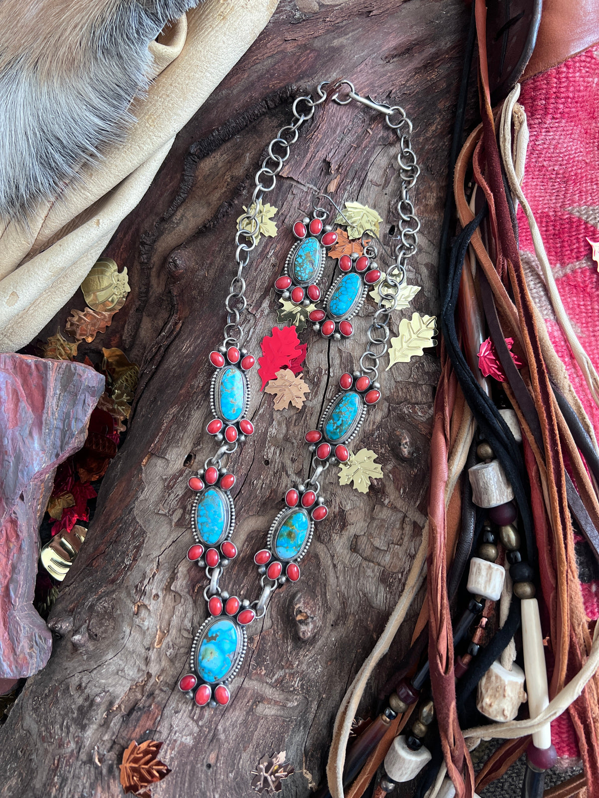 Taos Collection: Kathleen Chavez Sterling Silver, Kingman Turquoise & Mediterranean Coral Necklace and Earrings Set