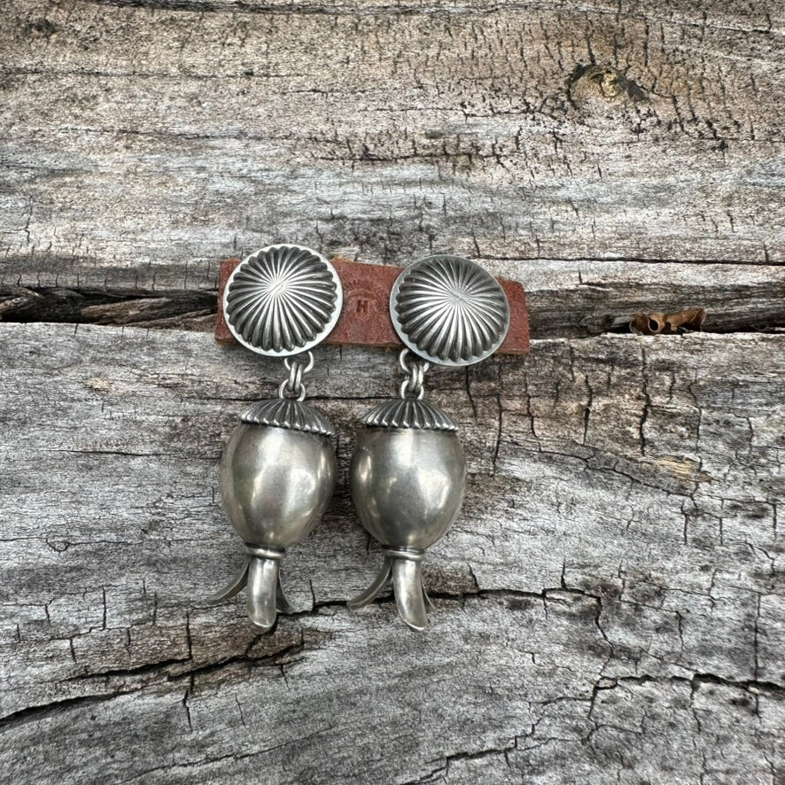 Artisan Made Sterling Silver Oval Squash Blossom Earrings by Dennis Hogan