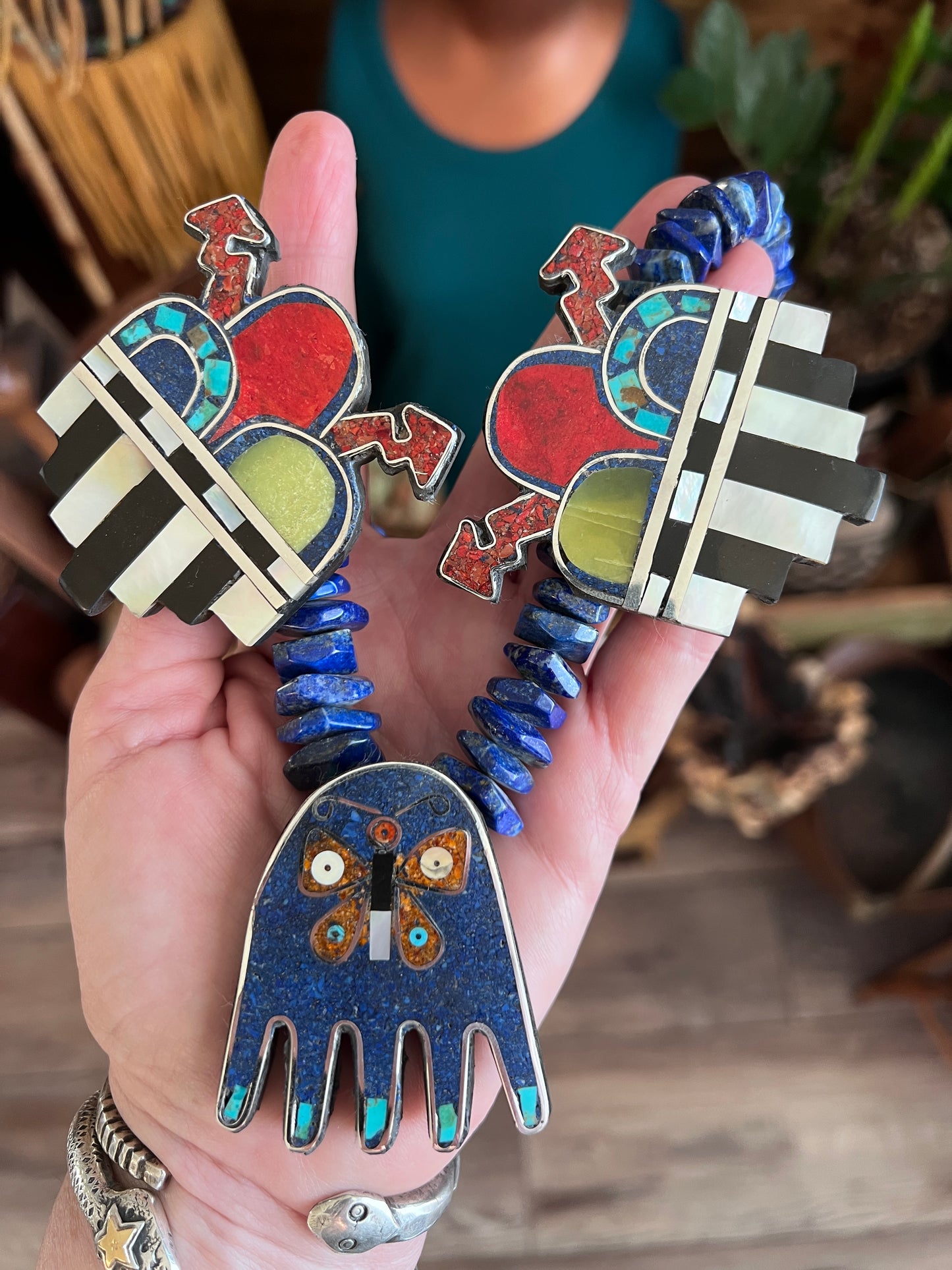 Warren Nieto Sterling Silver and Inlaid Stone Healing Hand and Monsoon Storm Cloud Necklace & Earrings Set